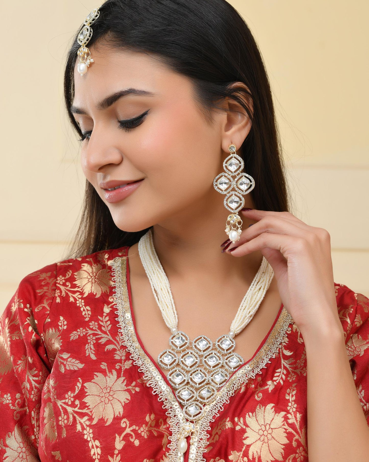 VOJ Gold-Polished Stone With White Beaded Long Jewellery Set - Swadesiicart