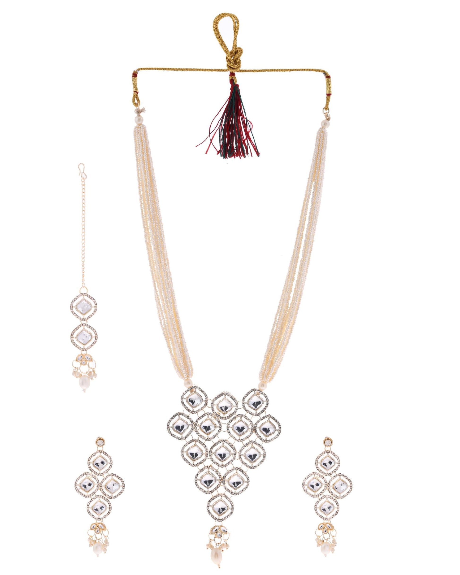 VOJ Gold-Polished Stone With White Beaded Long Jewellery Set - Swadesiicart