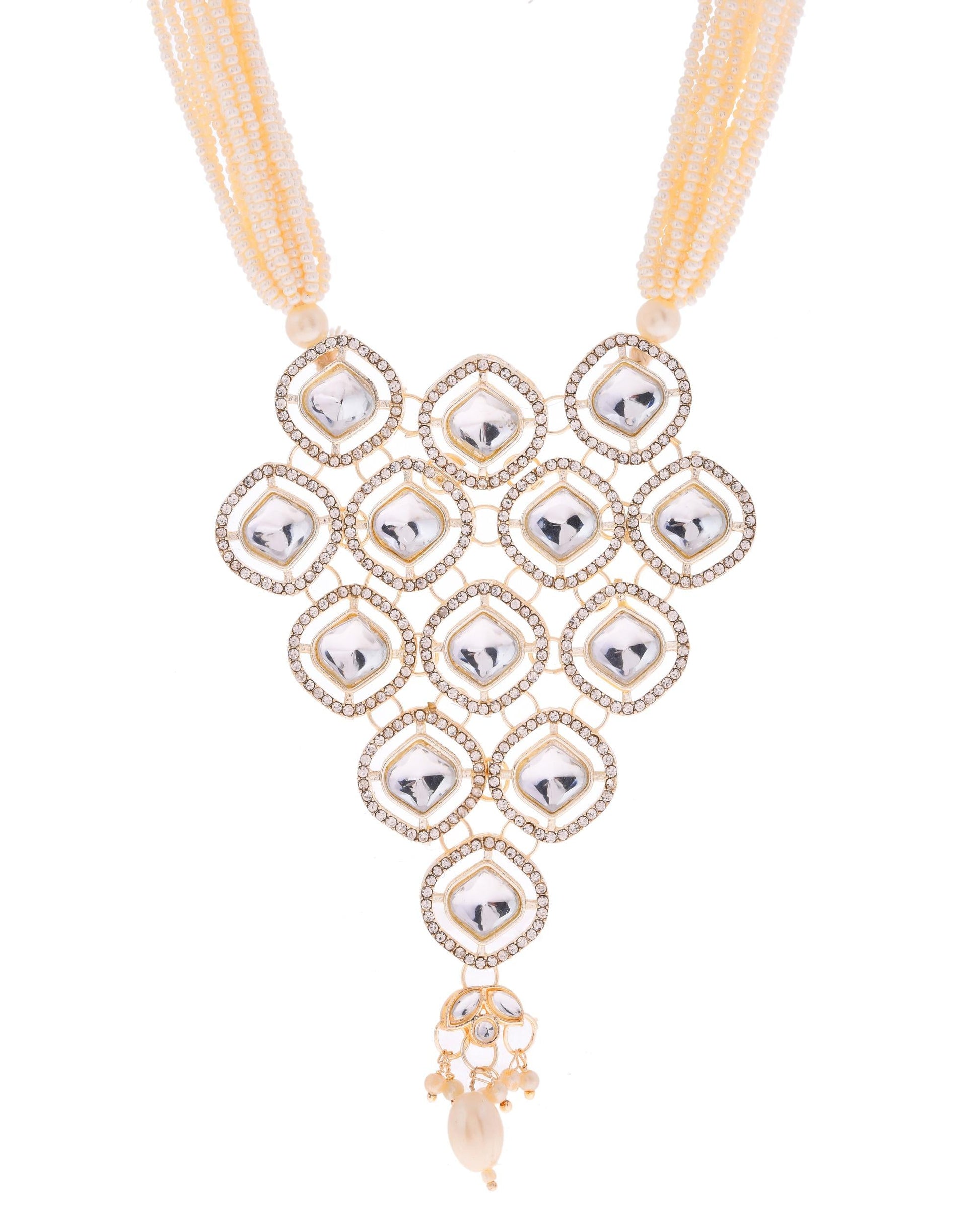 VOJ Gold-Polished Stone With White Beaded Long Jewellery Set - Swadesiicart