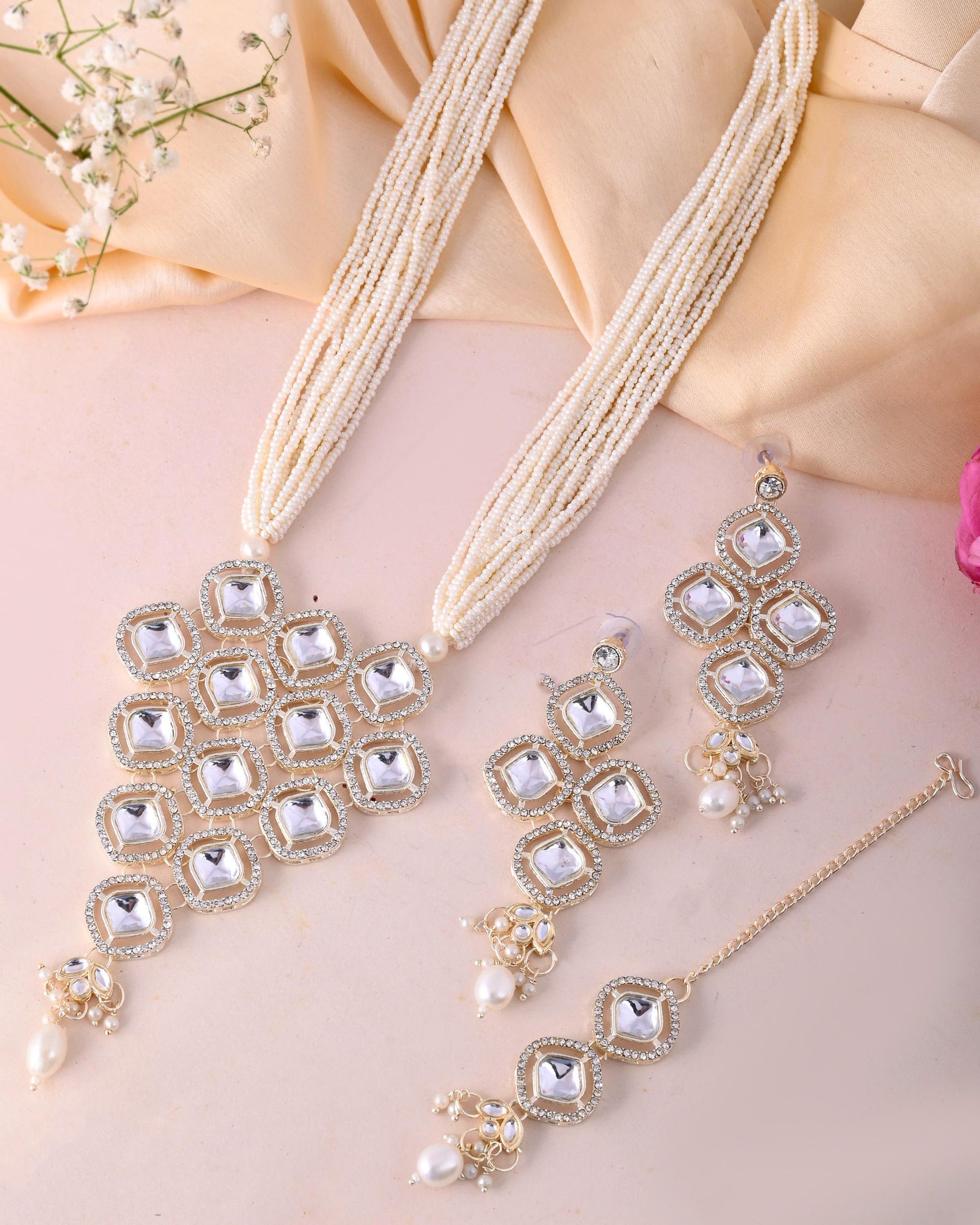 VOJ Gold-Polished Stone With White Beaded Long Jewellery Set - Swadesiicart