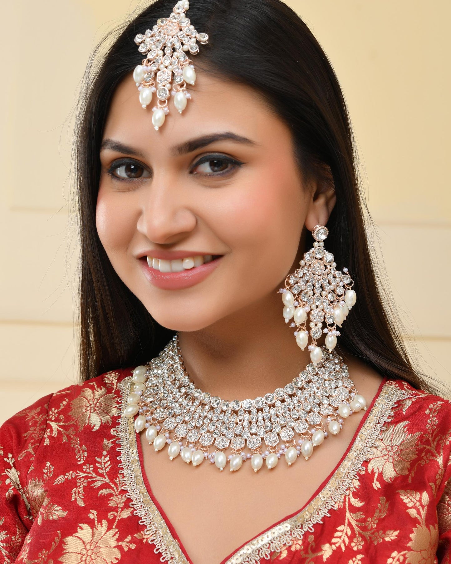 VOJ Gold-Polished Stone Studded Choker Jewellery Set With Maang Tikka - Swadesiicart