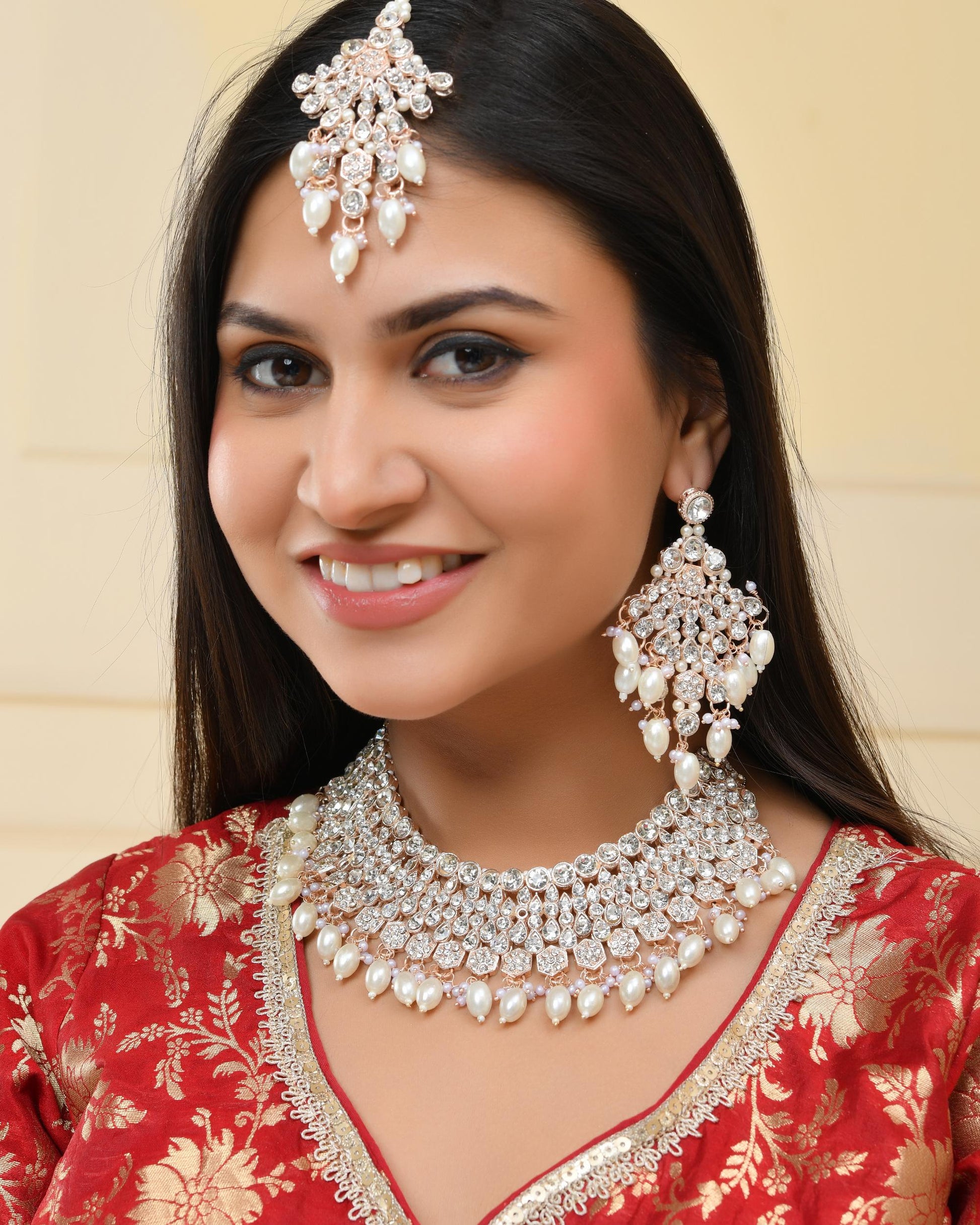 VOJ Gold-Polished Stone Studded Choker Jewellery Set With Maang Tikka - Swadesiicart