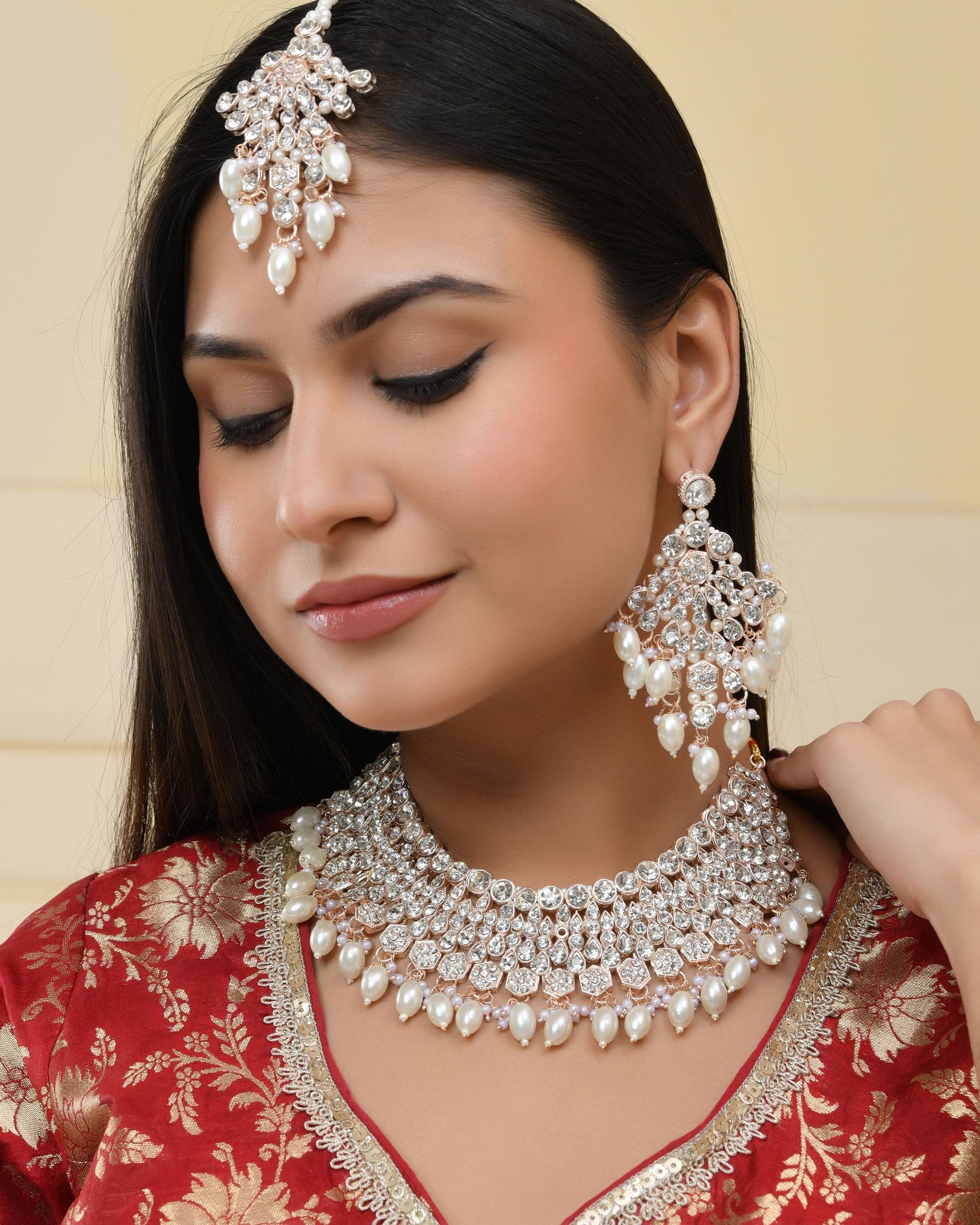 VOJ Gold-Polished Stone Studded Choker Jewellery Set With Maang Tikka - Swadesiicart