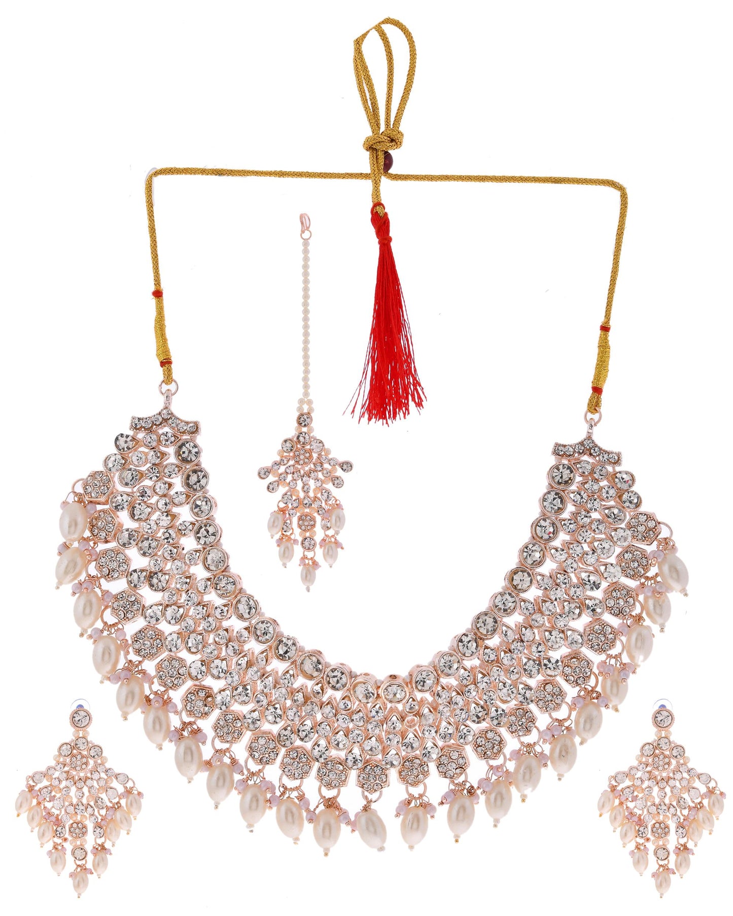 VOJ Gold-Polished Stone Studded Choker Jewellery Set With Maang Tikka - Swadesiicart