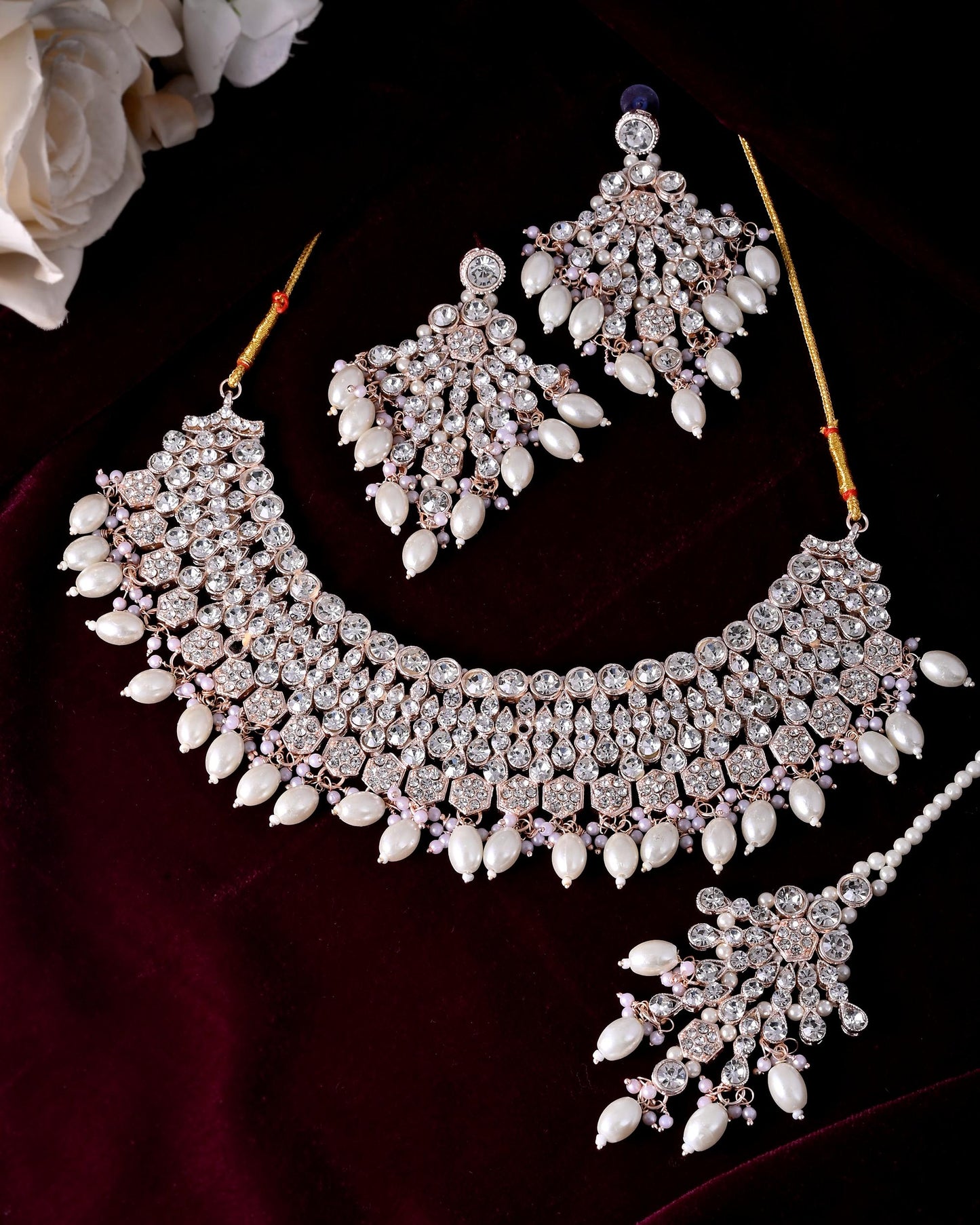 VOJ Gold-Polished Stone Studded Choker Jewellery Set With Maang Tikka - Swadesiicart