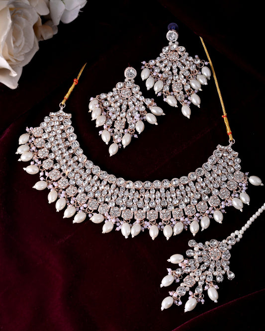 VOJ Gold-Polished Stone Studded Choker Jewellery Set With Maang Tikka - Swadesiicart