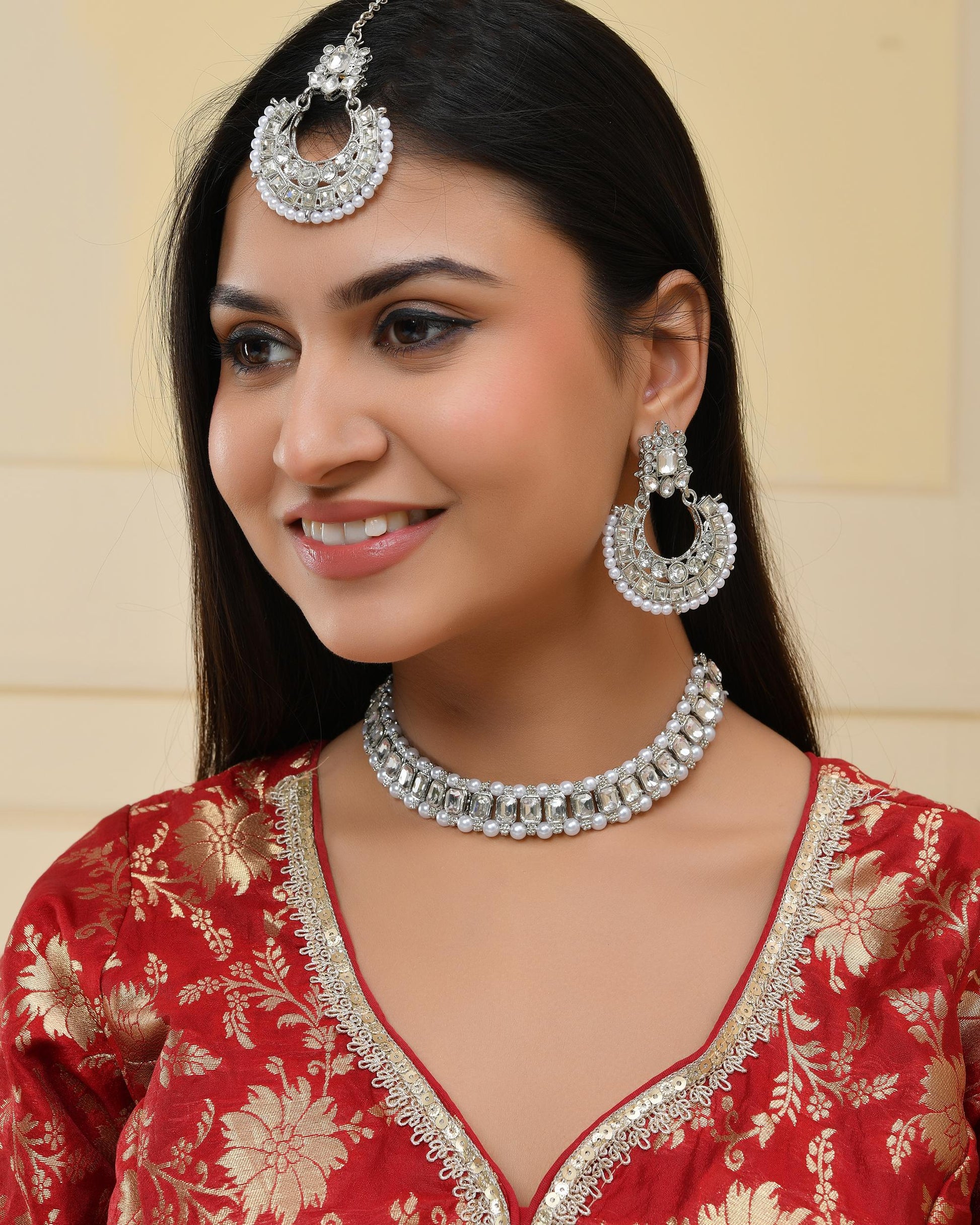 VOJ Silver Plated Stone Studded Jewellery Set With Maang Tikka - Swadesiicart