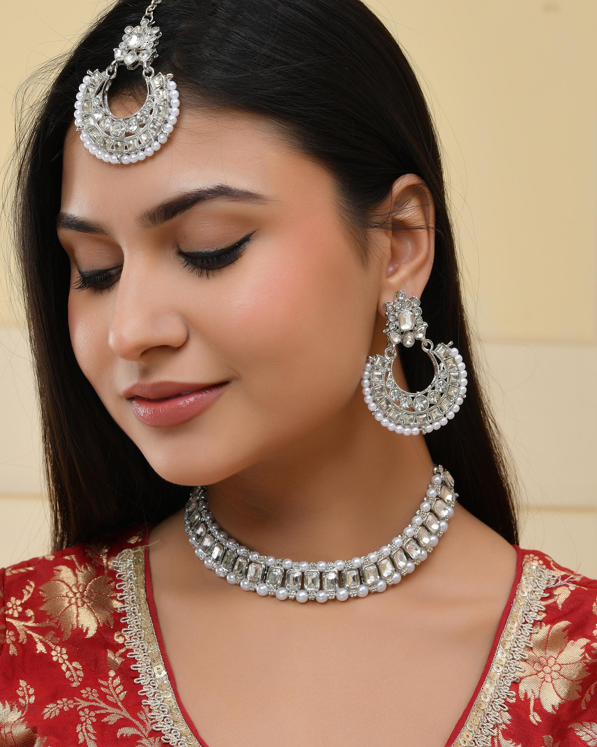 VOJ Silver Plated Stone Studded Jewellery Set With Maang Tikka - Swadesiicart
