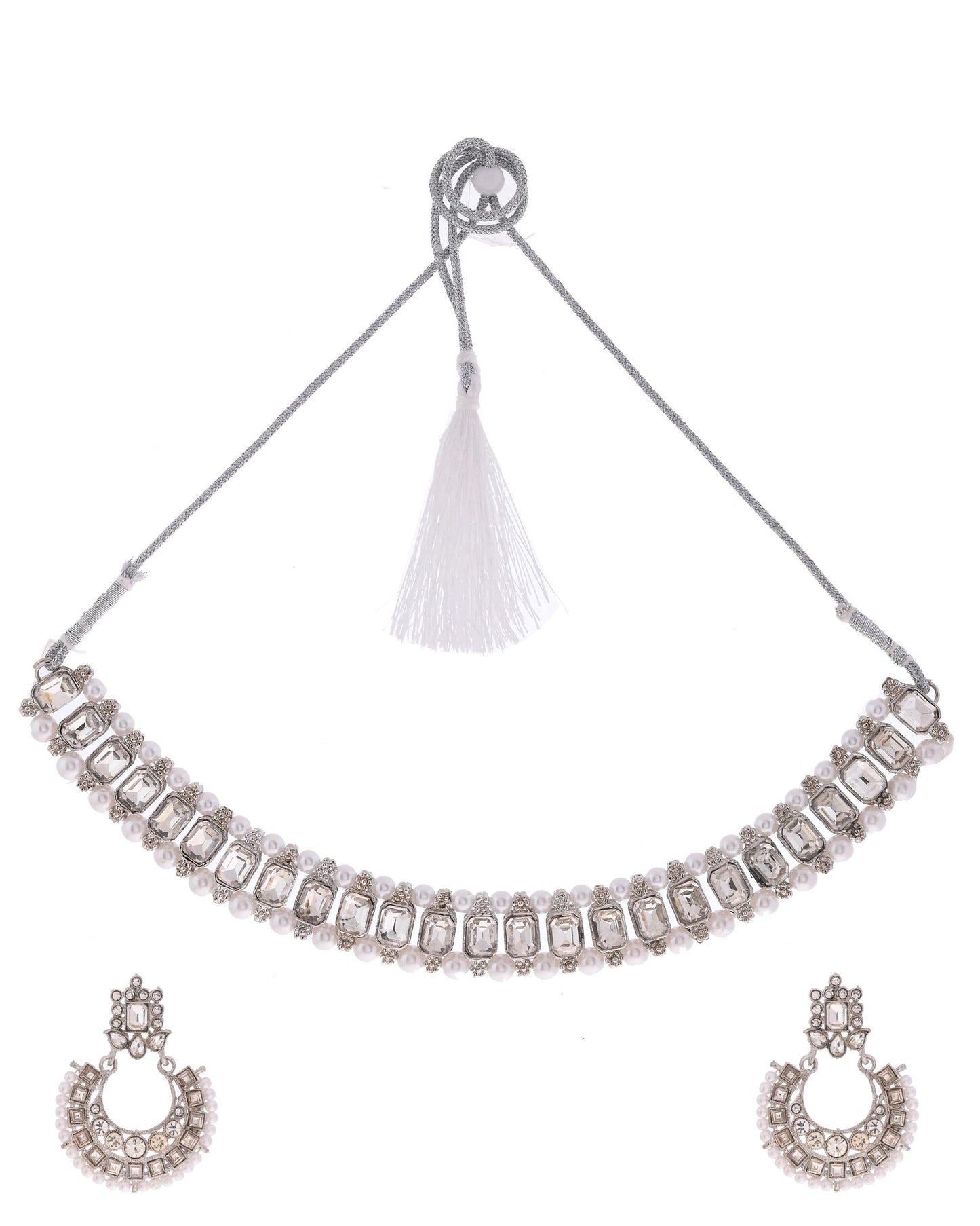 VOJ Silver Plated Stone Studded Jewellery Set With Maang Tikka - Swadesiicart