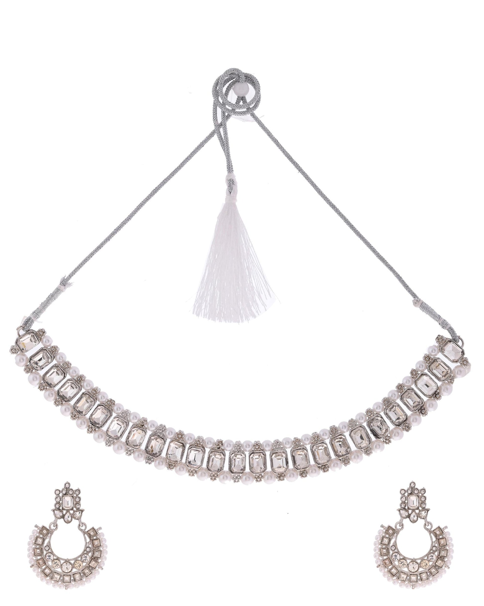 VOJ Silver Plated Stone Studded Jewellery Set With Maang Tikka - Swadesiicart