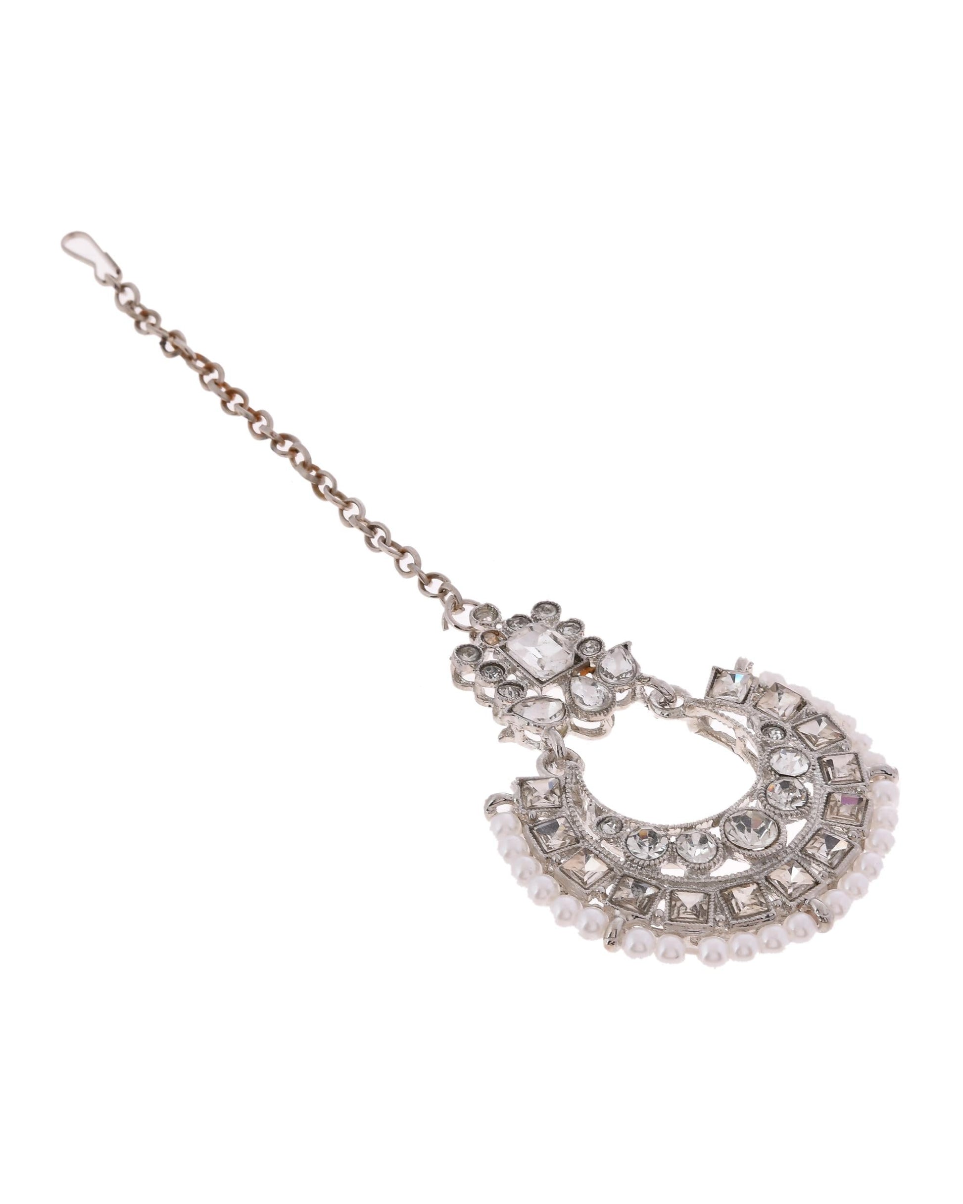 VOJ Silver Plated Stone Studded Jewellery Set With Maang Tikka - Swadesiicart