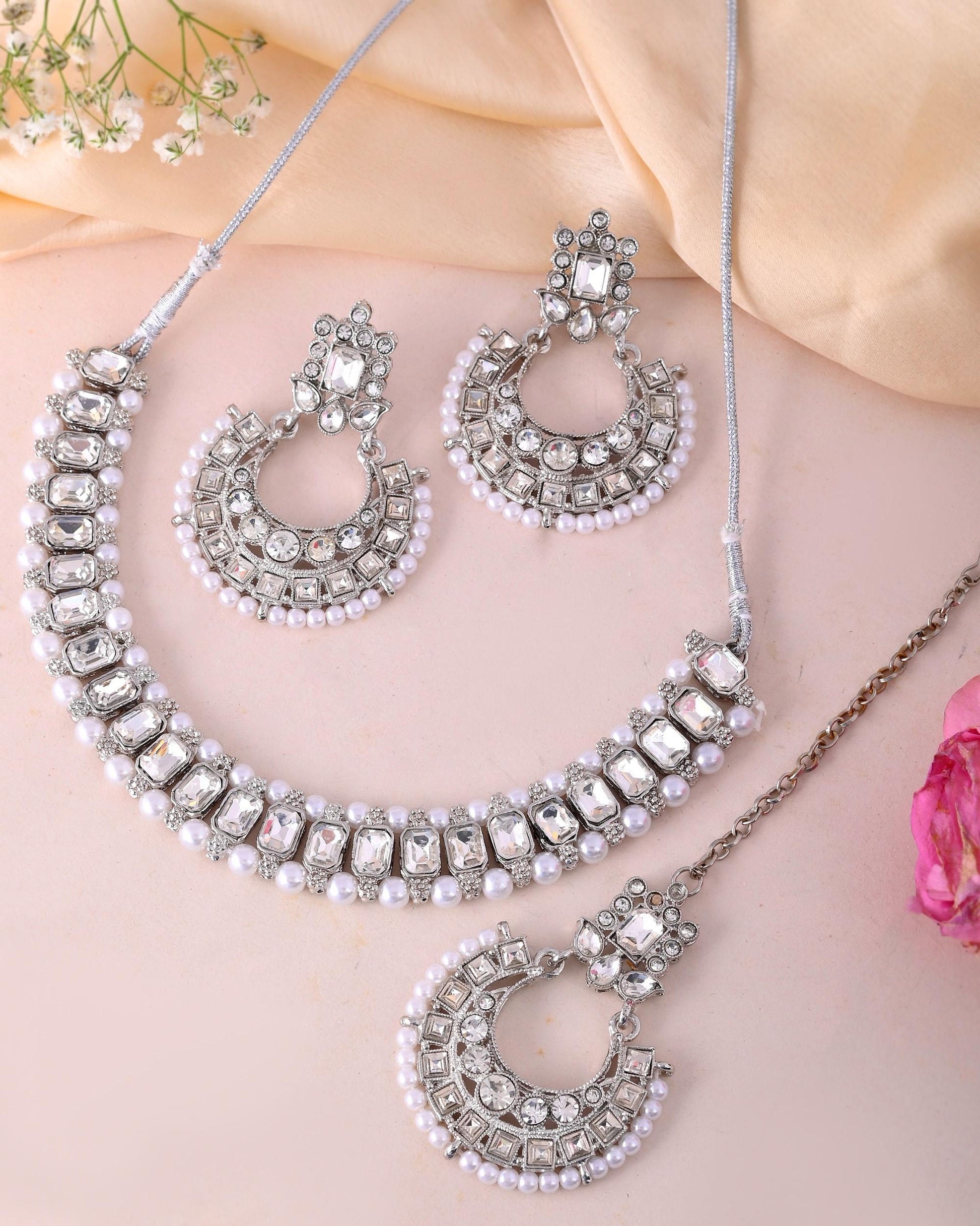 VOJ Silver Plated Stone Studded Jewellery Set With Maang Tikka - Swadesiicart