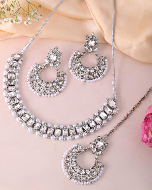 VOJ Silver Plated Stone Studded Jewellery Set With Maang Tikka - Swadesiicart