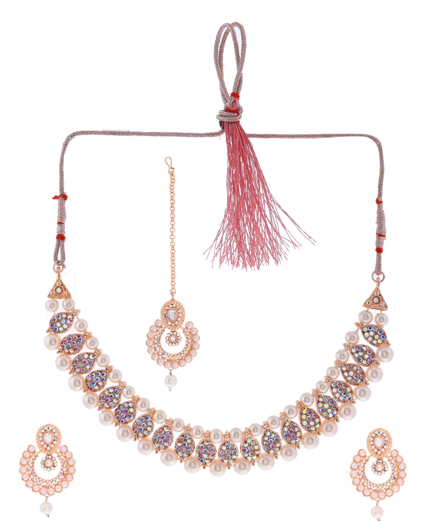 VOJ Gold-Polished Stone And White Beaded Choker Jewellery Set With Maang Tikka | Swadesiicart
