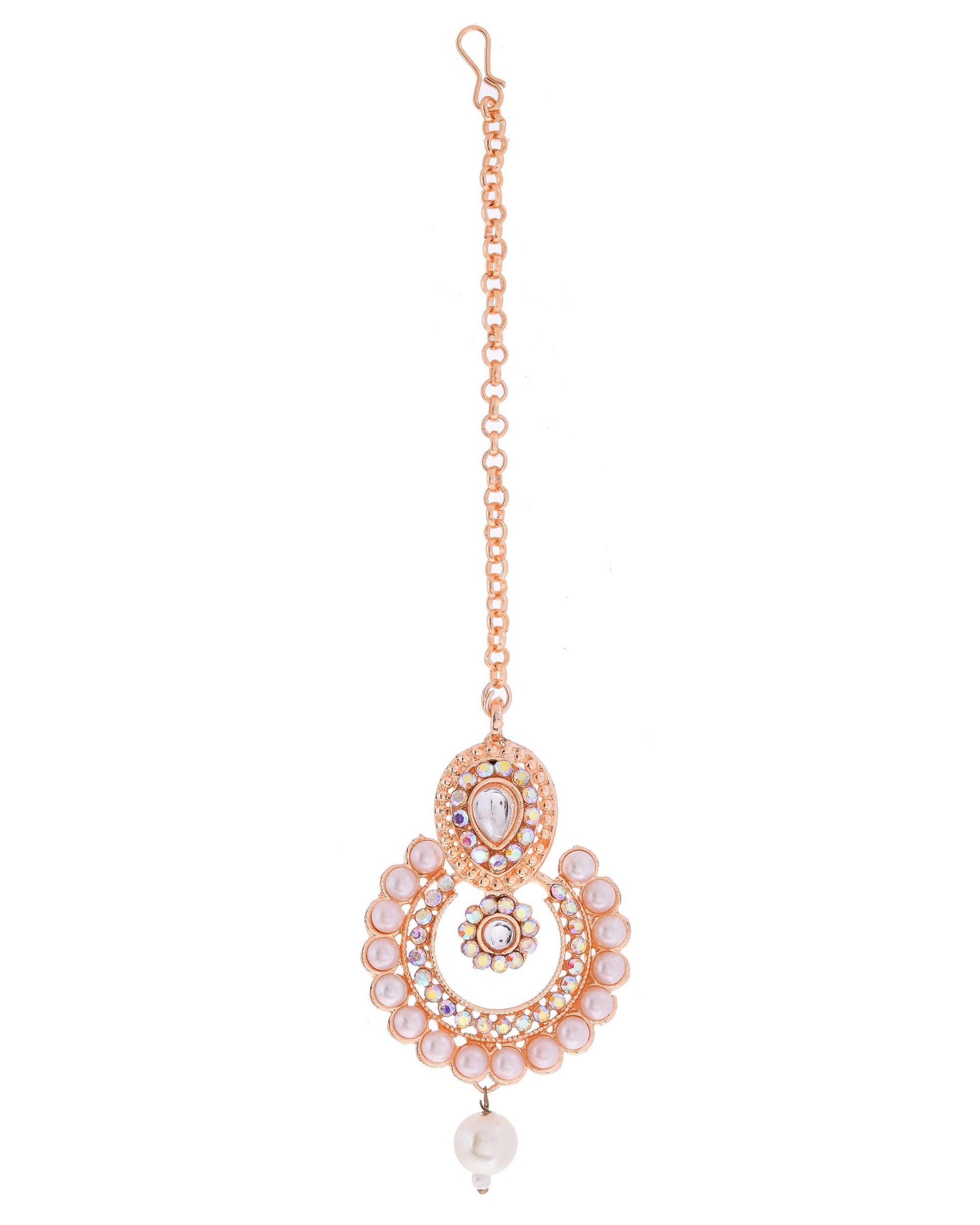 VOJ Gold-Polished Stone And White Beaded Choker Jewellery Set With Maang Tikka | Swadesiicart