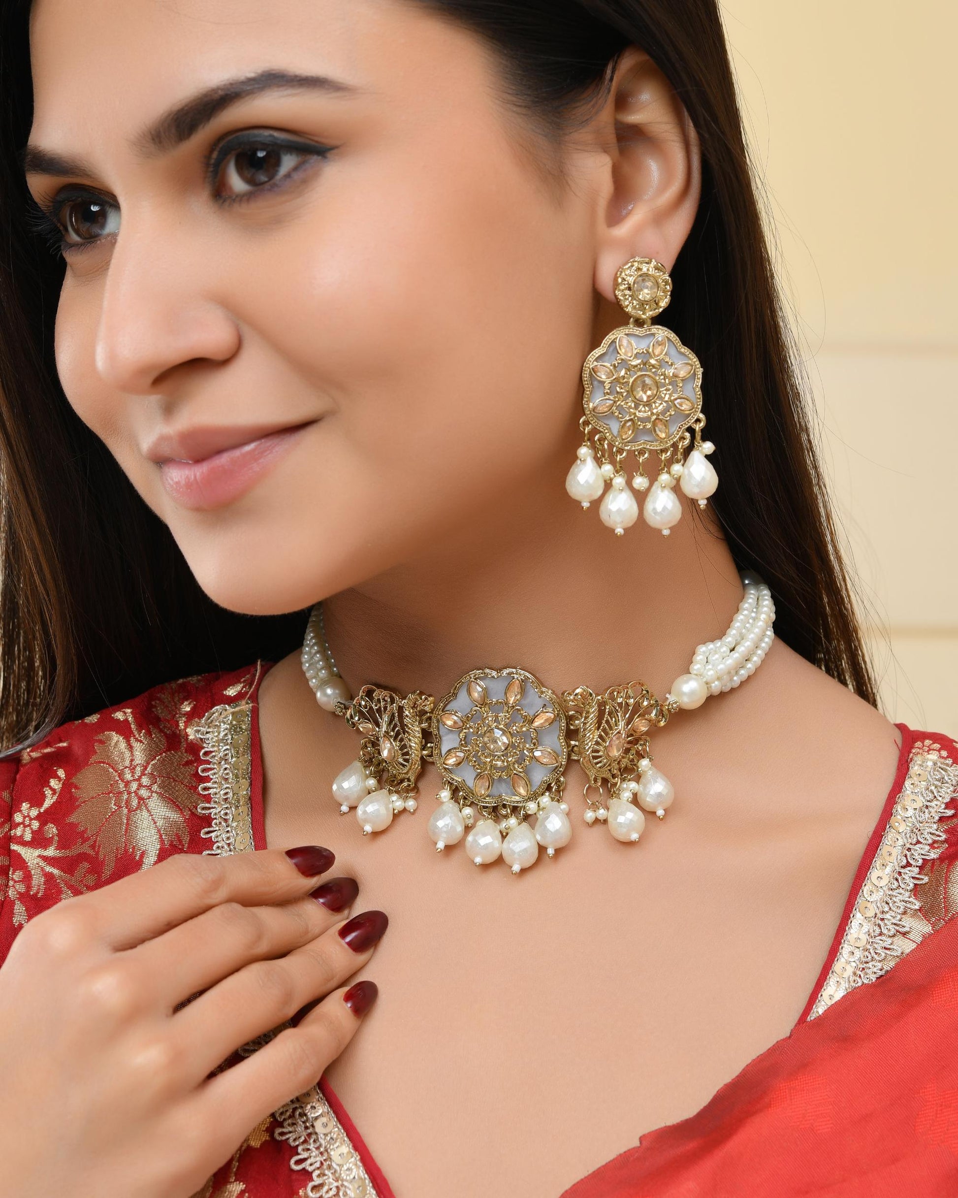 VOJ Gold-Polished Kundan And White Beaded Jewellery Set - Swadesiicart