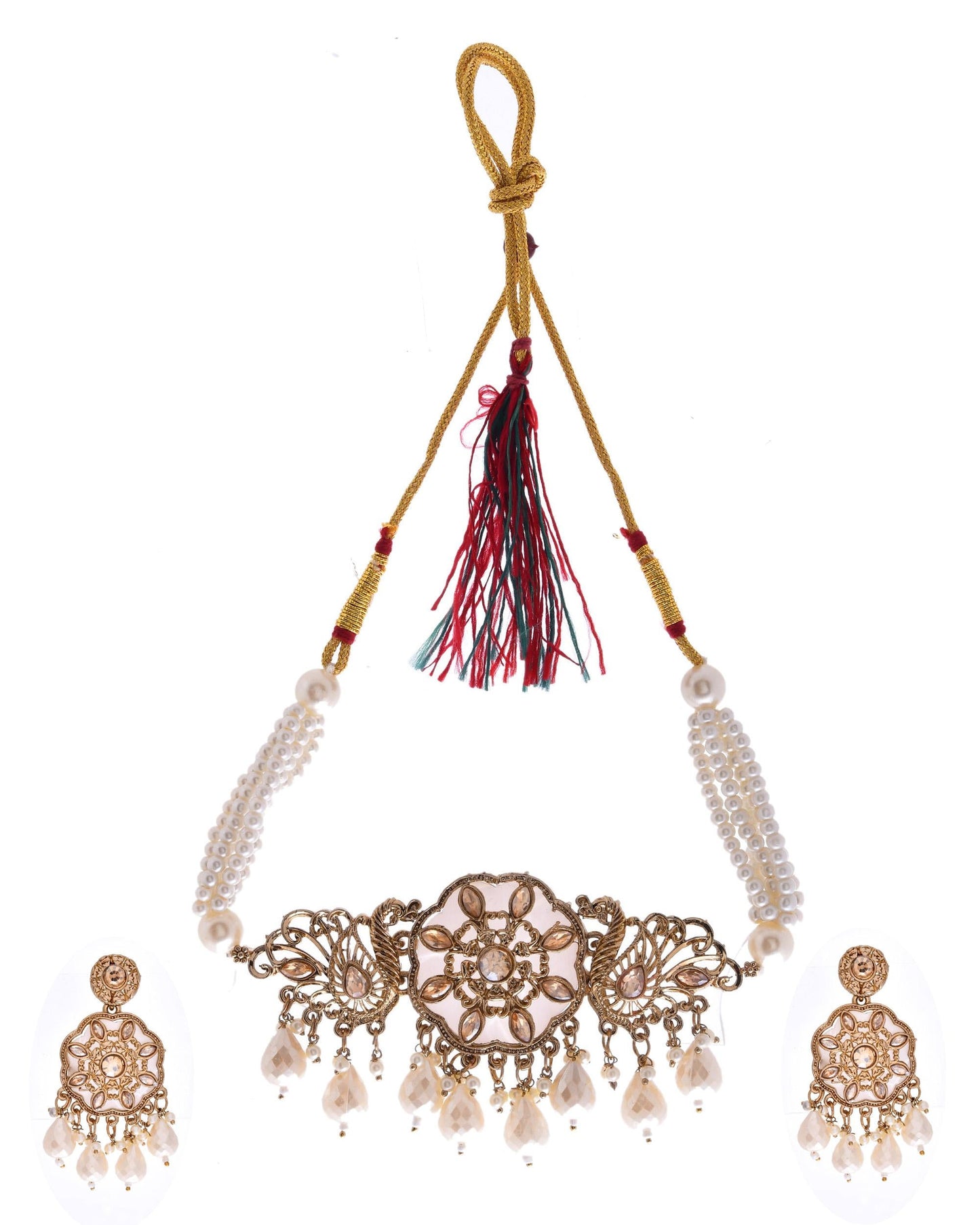 VOJ Gold-Polished Kundan And White Beaded Jewellery Set - Swadesiicart