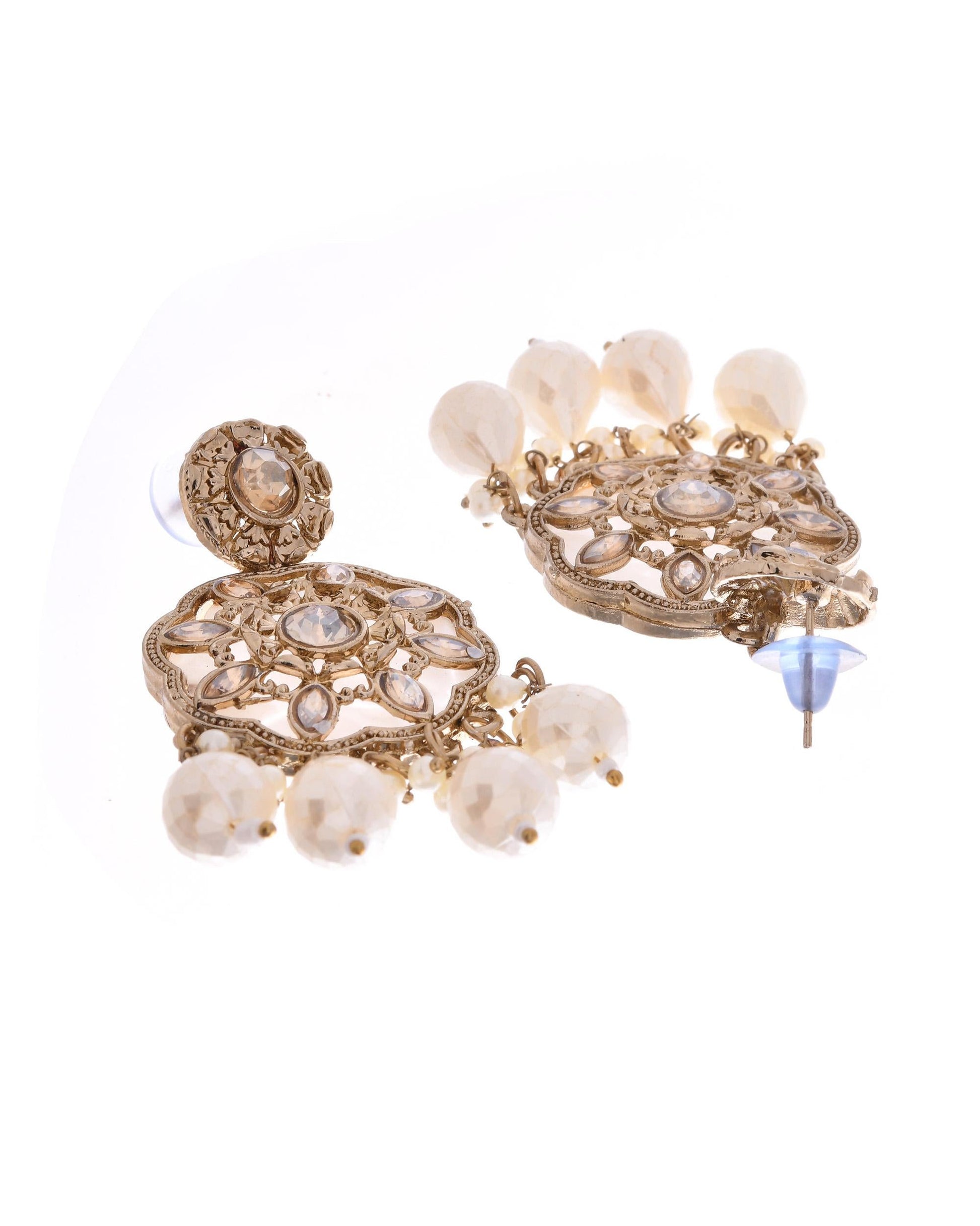 VOJ Gold-Polished Kundan And White Beaded Jewellery Set - Swadesiicart
