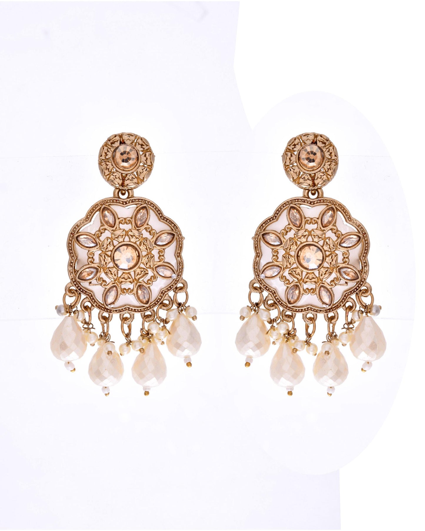 VOJ Gold-Polished Kundan And White Beaded Jewellery Set - Swadesiicart