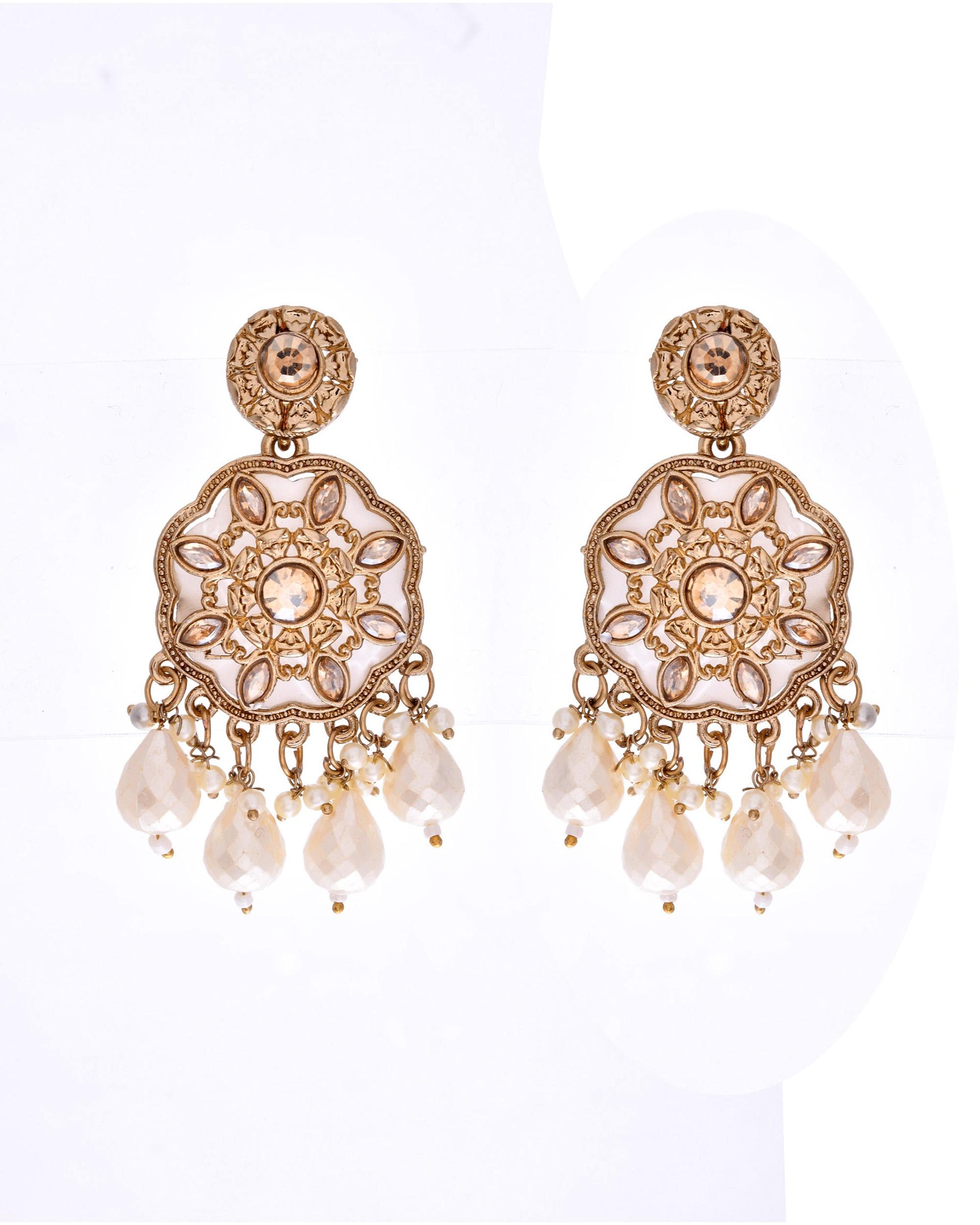 VOJ Gold-Polished Kundan And White Beaded Jewellery Set - Swadesiicart