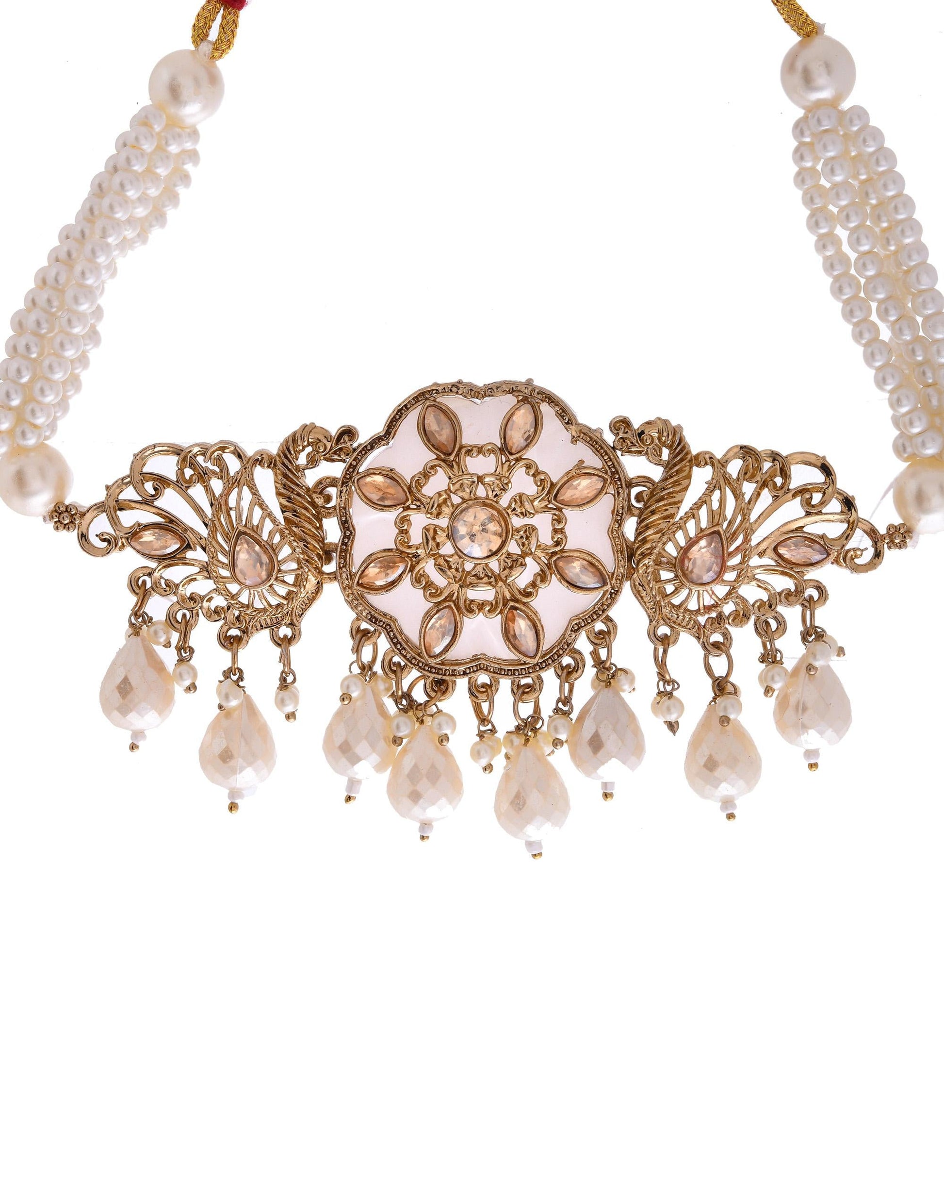 VOJ Gold-Polished Kundan And White Beaded Jewellery Set - Swadesiicart