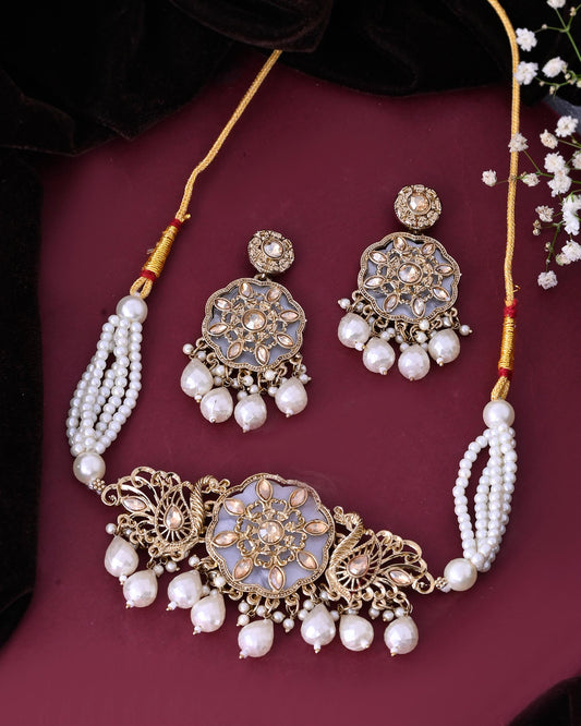 VOJ Gold-Polished Kundan And White Beaded Jewellery Set - Swadesiicart