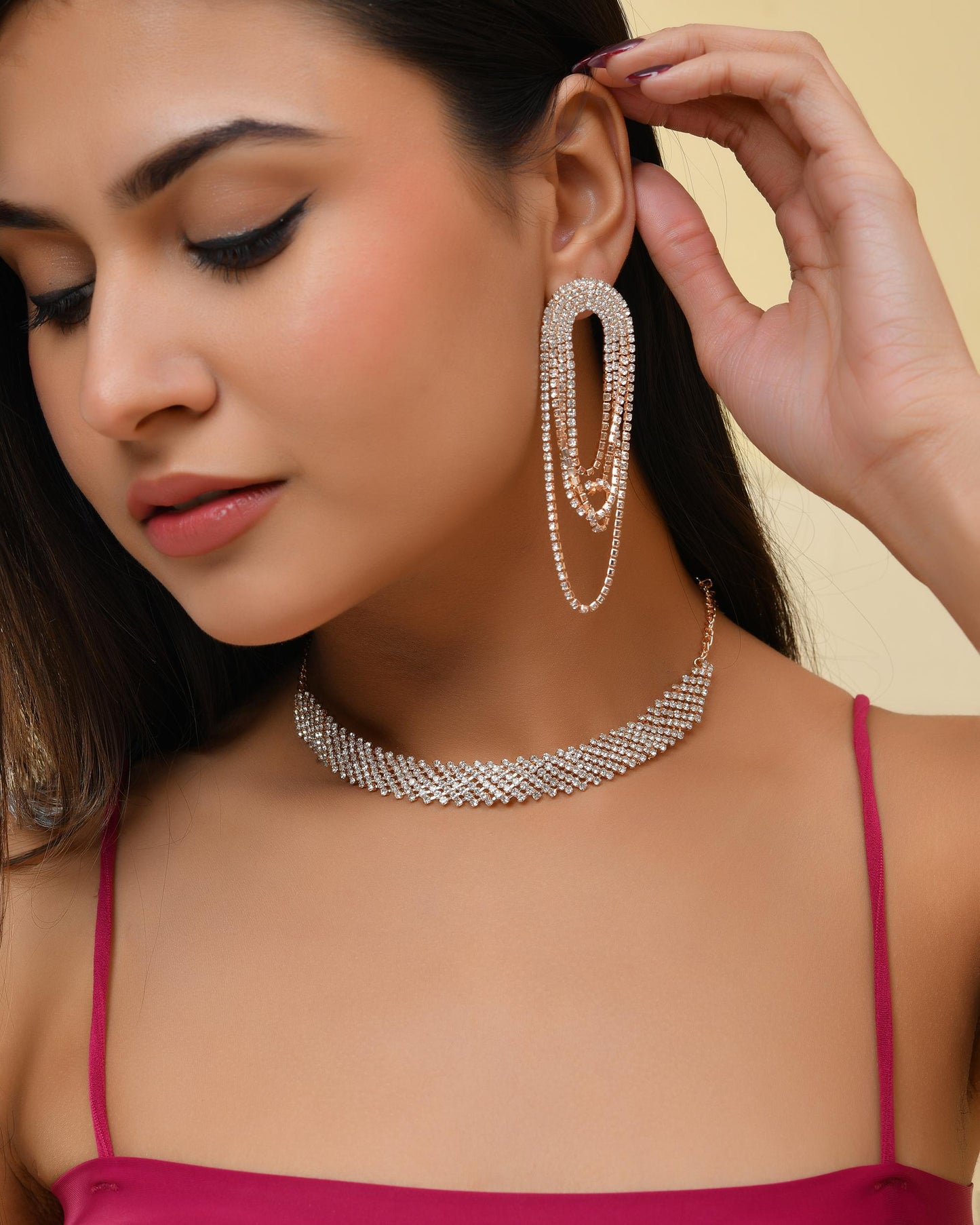 VOJ Gold-Polished Stone Studded Necklace With Earrings Set - Swadesiicart