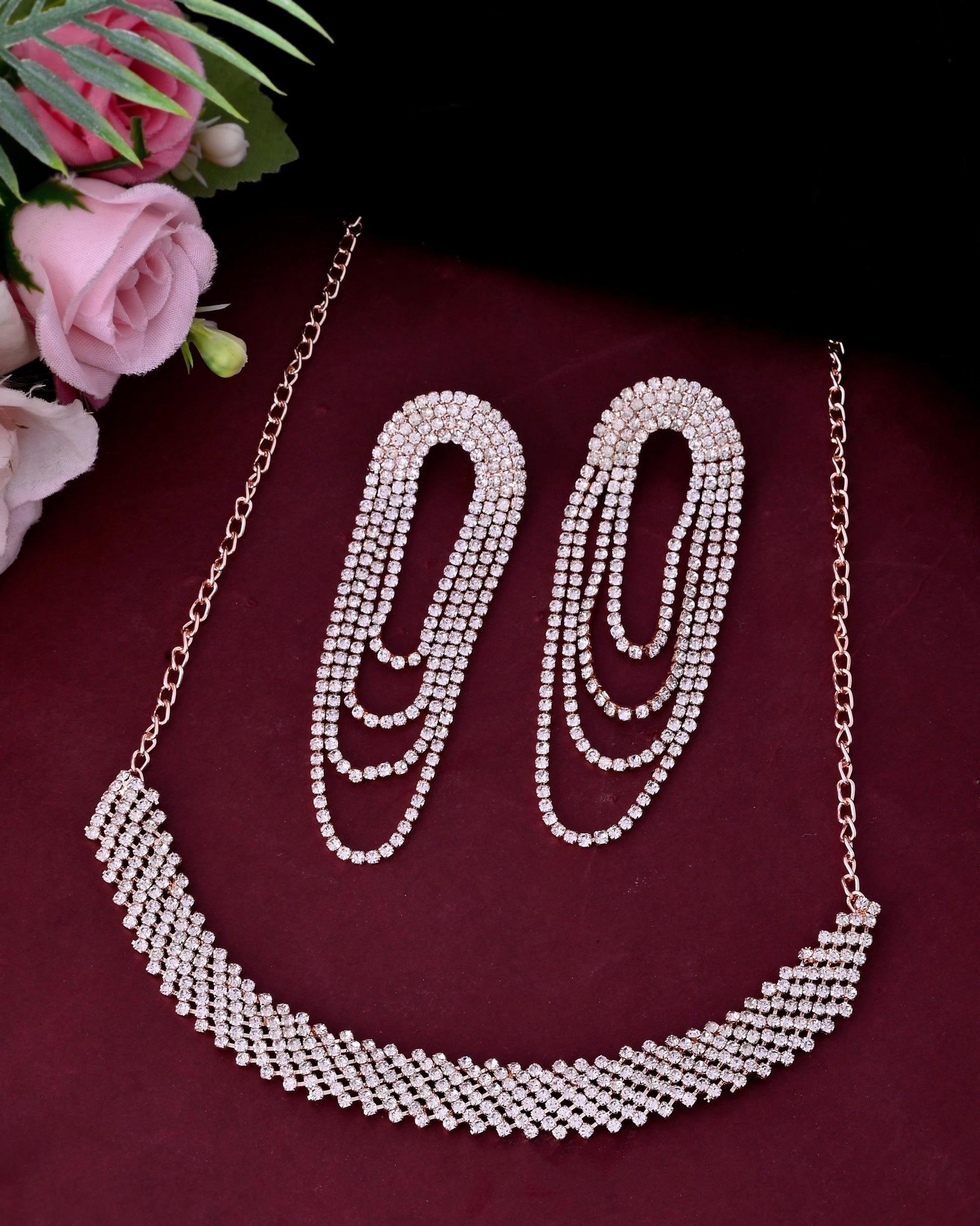VOJ Gold-Polished Stone Studded Necklace With Earrings Set - Swadesiicart