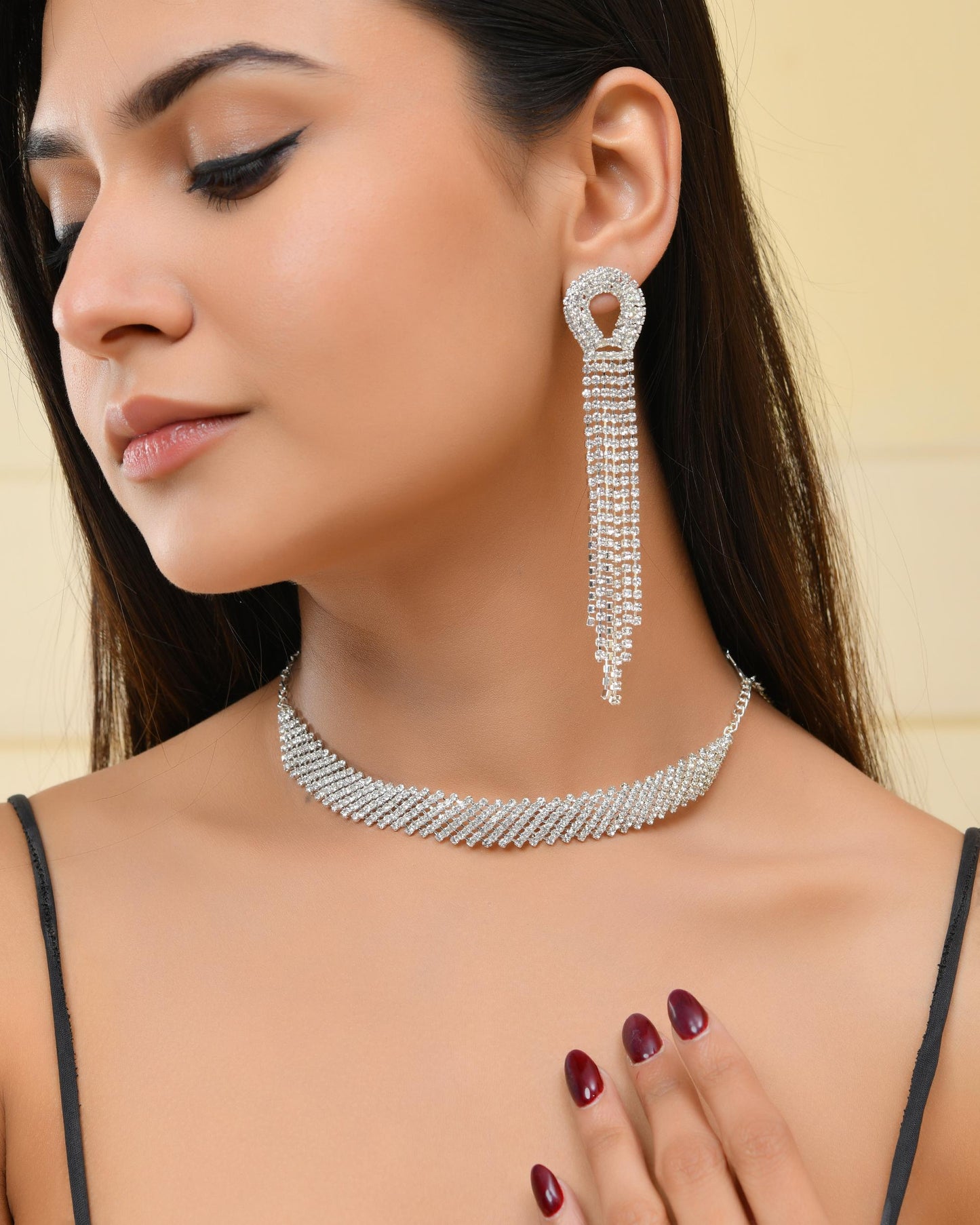 VOJ Silver Plated Stone Studded Necklace With Earrings Set - Swadesiicart