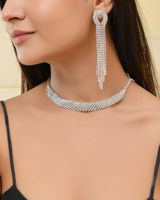 VOJ Silver Plated Stone Studded Necklace With Earrings Set - Swadesiicart