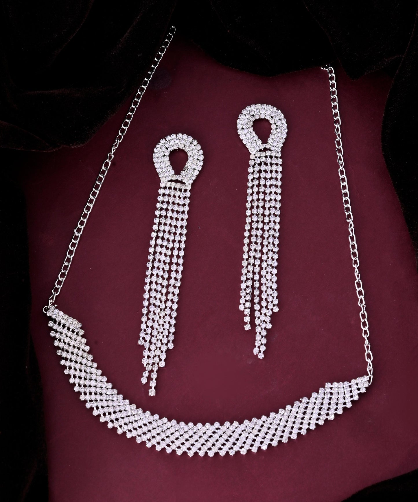 VOJ Silver Plated Stone Studded Necklace With Earrings Set - Swadesiicart