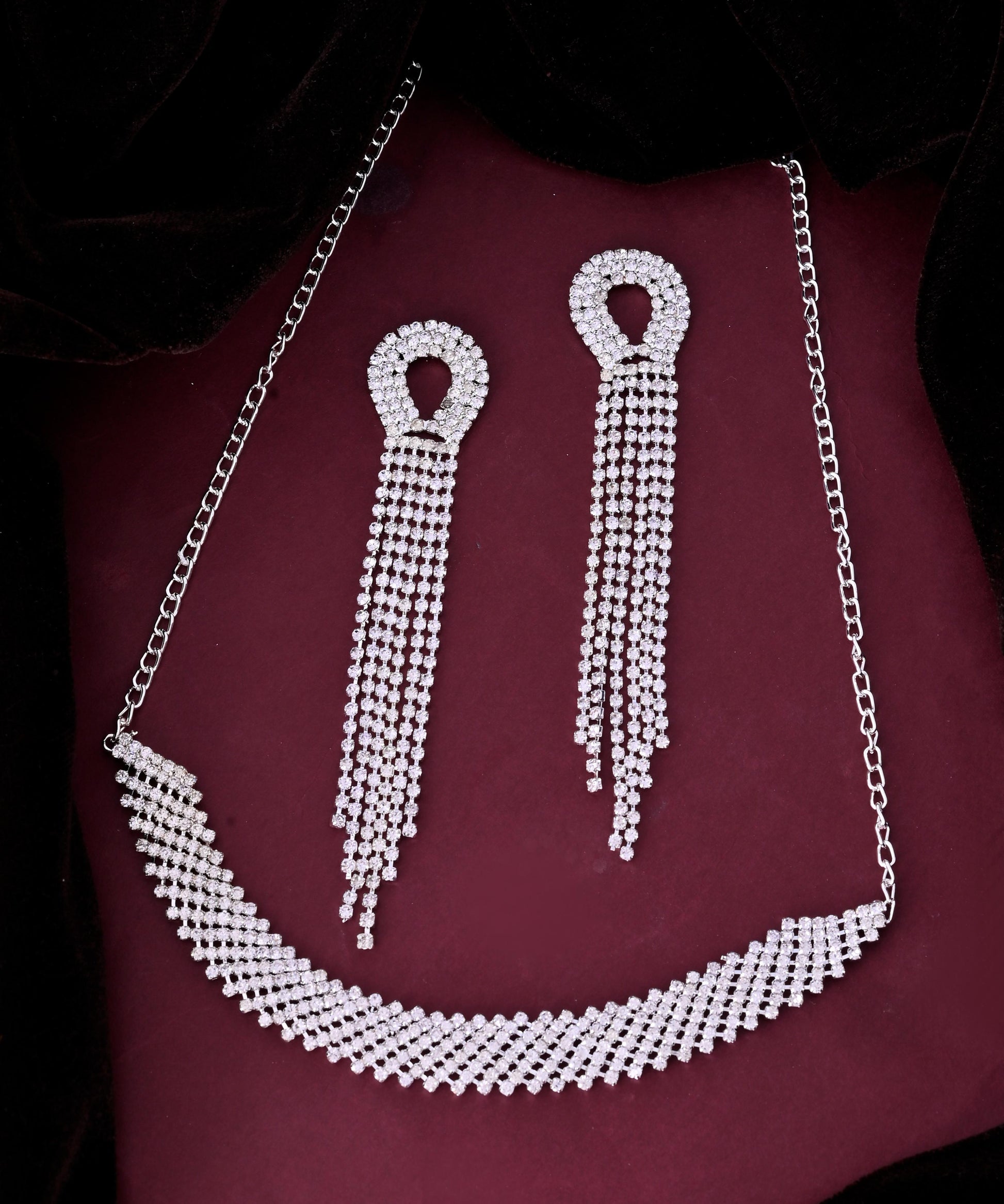 VOJ Silver Plated Stone Studded Necklace With Earrings Set - Swadesiicart