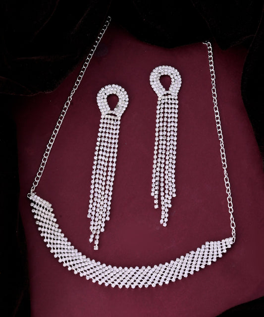 VOJ Silver Plated Stone Studded Necklace With Earrings Set - Swadesiicart