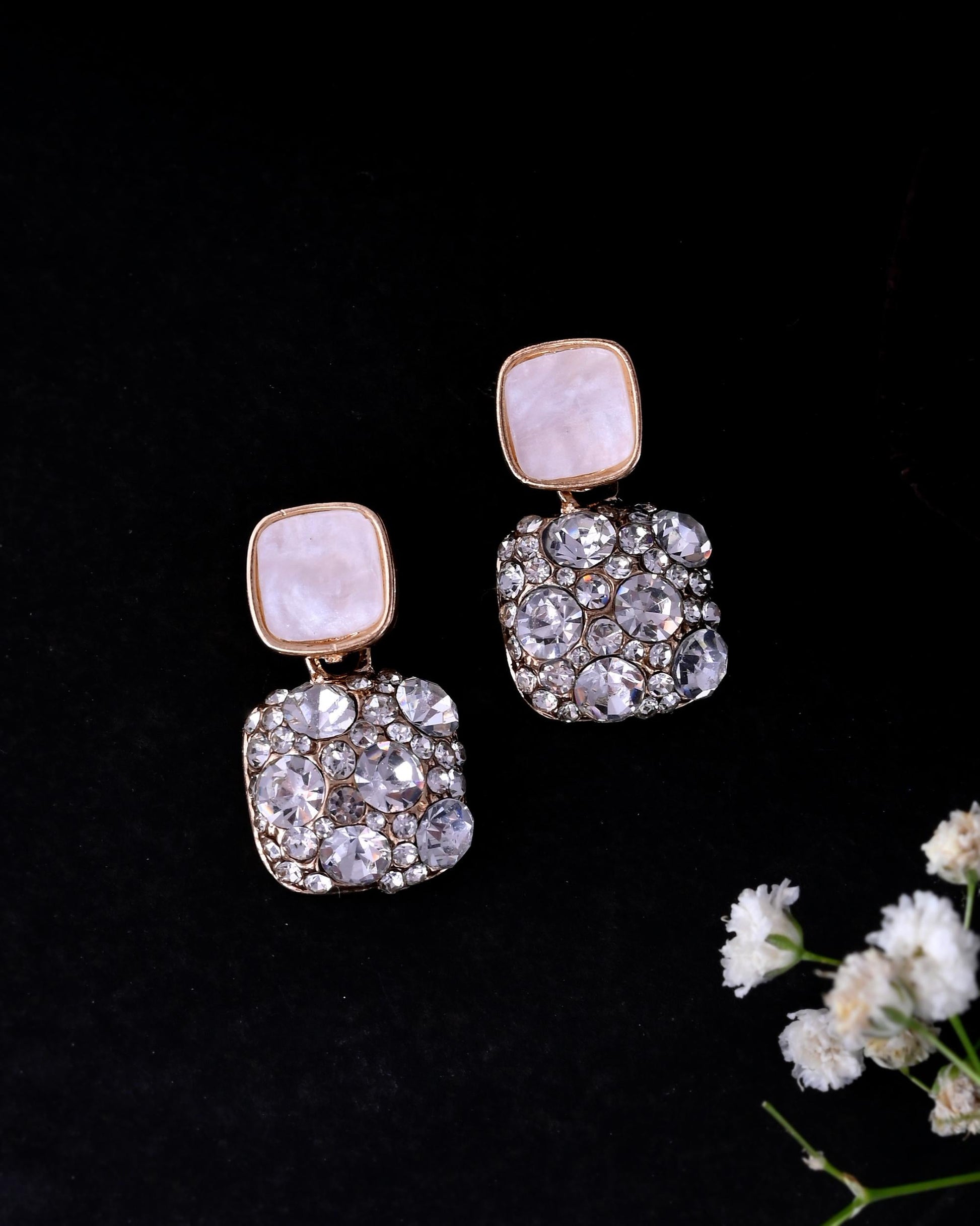 VOJ Stainless Steel Crystal Studded Square Shaped Studs - Swadesiicart