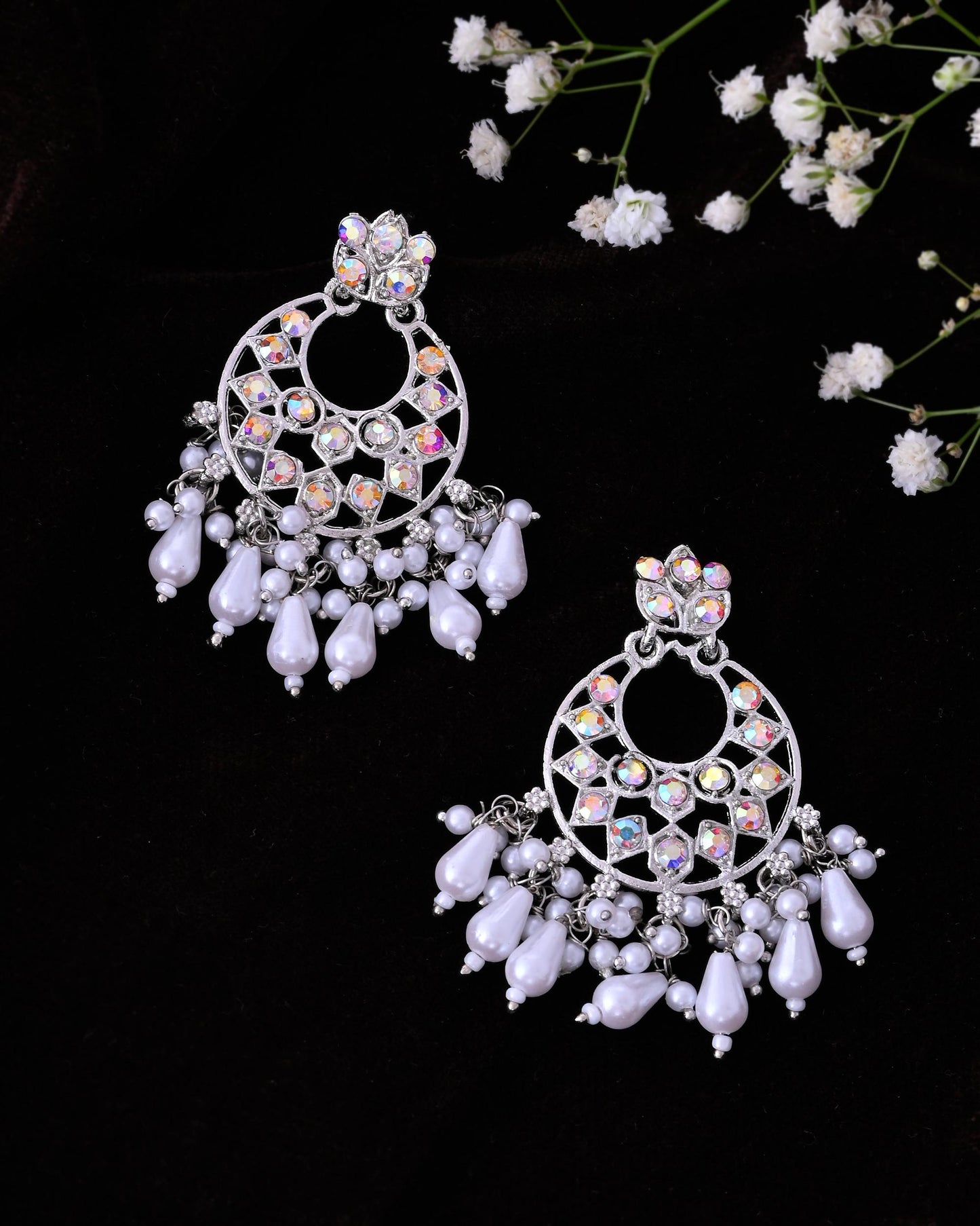 VOJ Silver Plated Stone Studded Studs Earrings - Swadesiicart