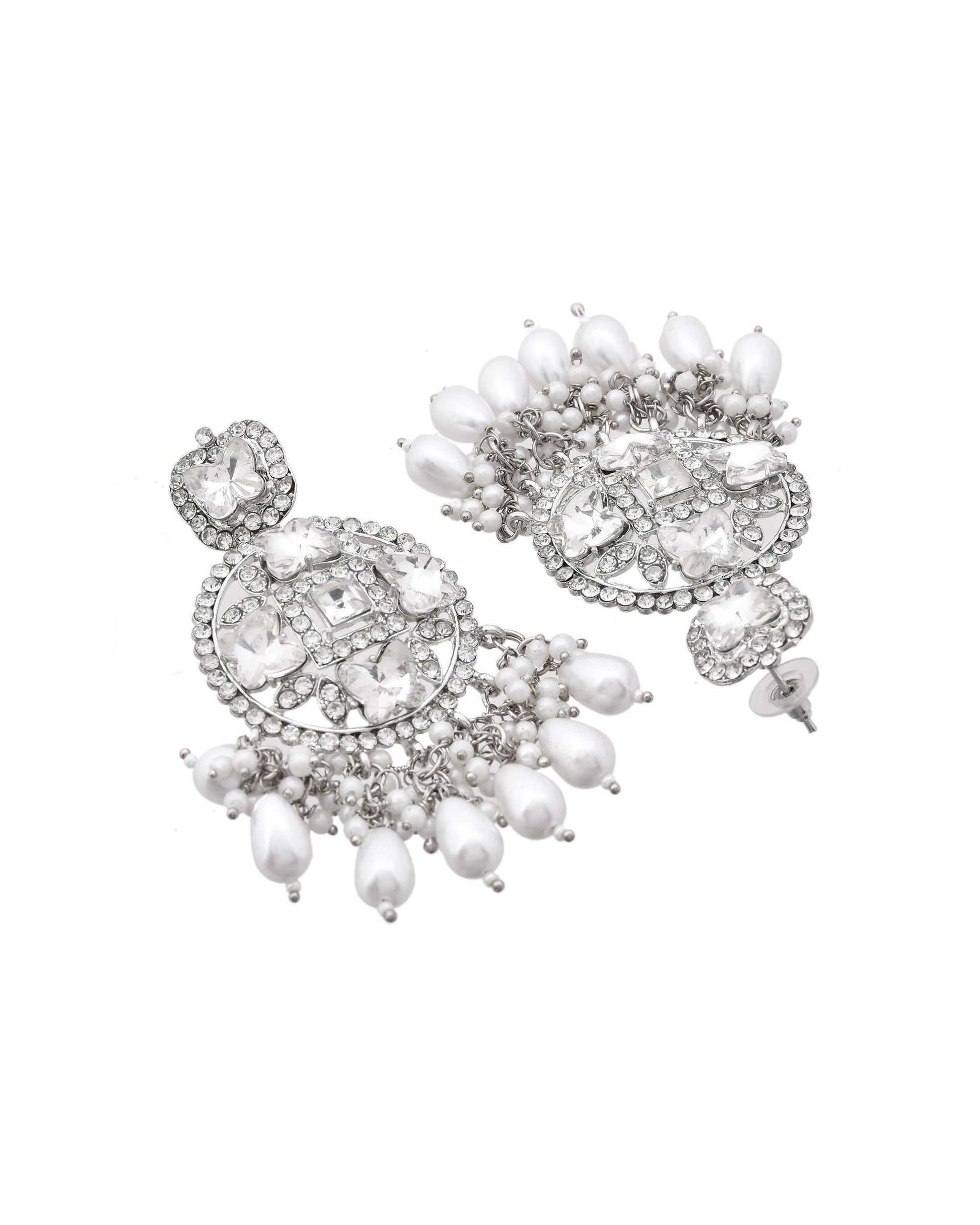 VOJ Silver Plated Stone Studded Crescent Shaped Earrings - Swadesiicart
