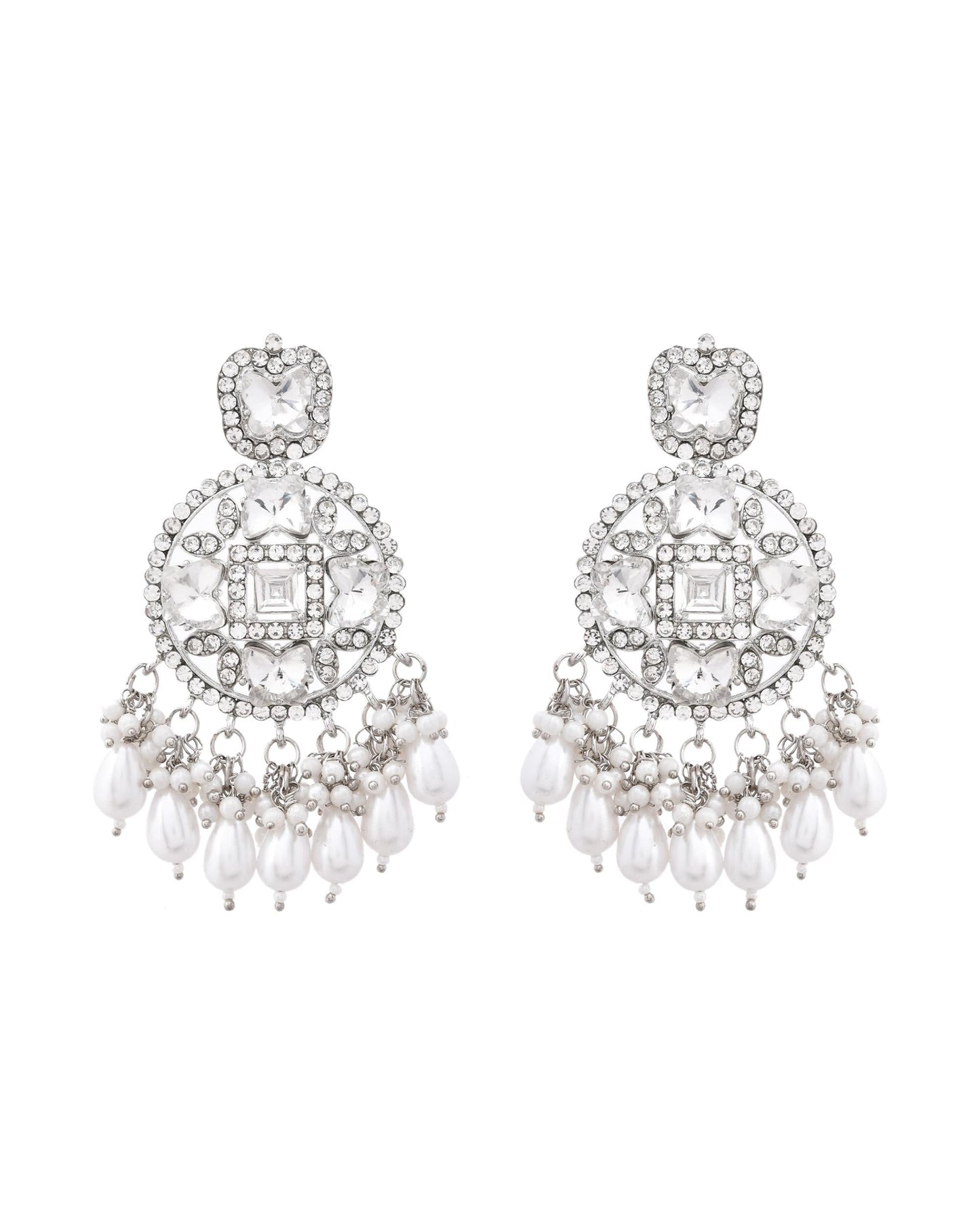 VOJ Silver Plated Stone Studded Crescent Shaped Earrings - Swadesiicart