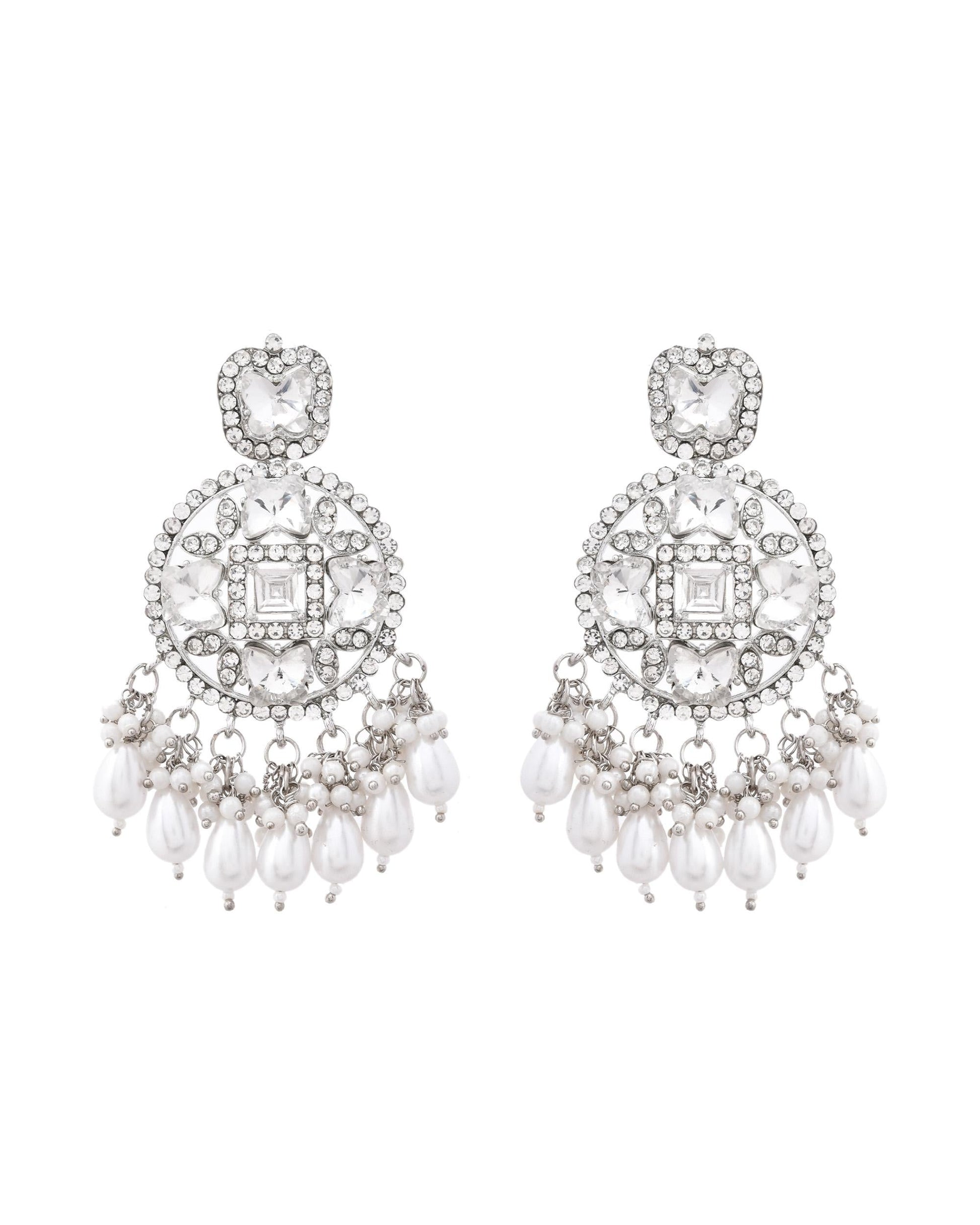 VOJ Silver Plated Stone Studded Crescent Shaped Earrings - Swadesiicart