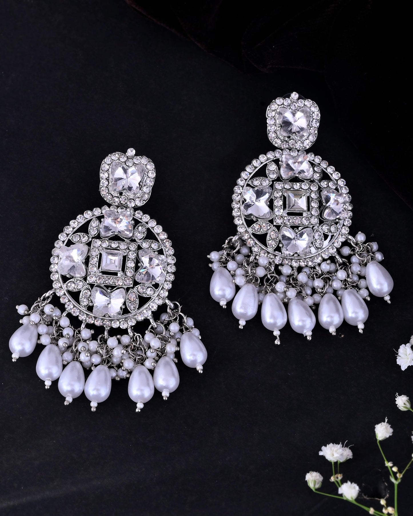 VOJ Silver Plated Stone Studded Crescent Shaped Earrings - Swadesiicart