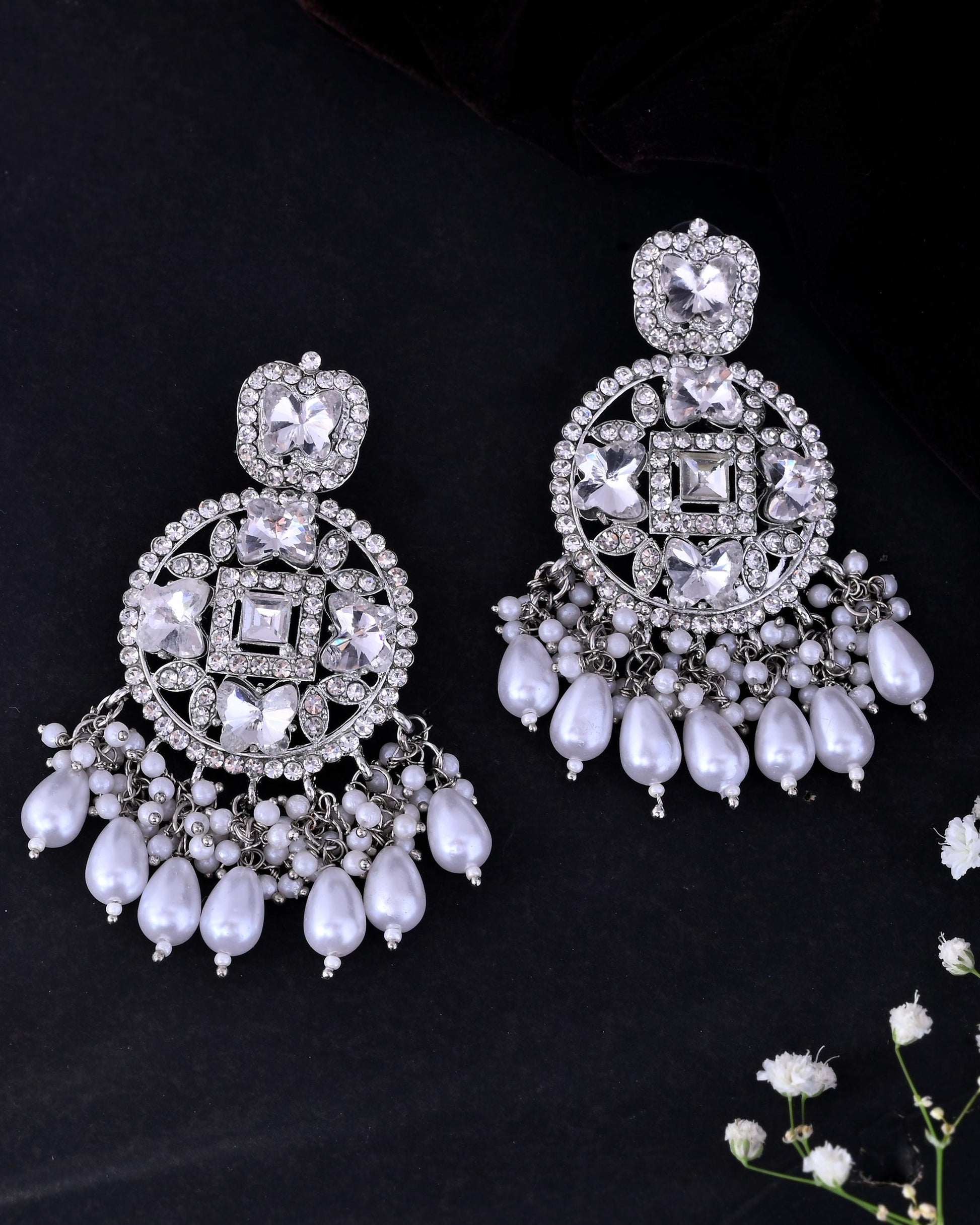VOJ Silver Plated Stone Studded Crescent Shaped Earrings - Swadesiicart
