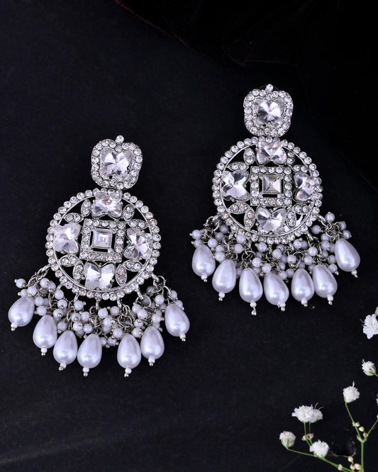 VOJ Silver Plated Stone Studded Crescent Shaped Earrings - Swadesiicart