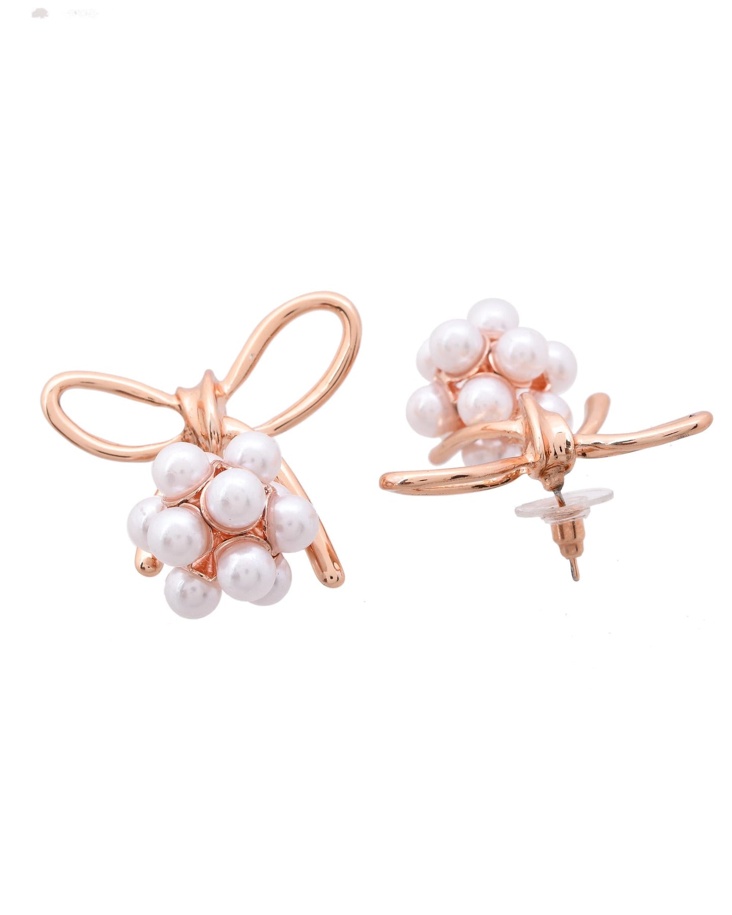 VOJ Rose Gold-Polished Pearl With Bow Shaped Designer Earrings - Swadesiicart