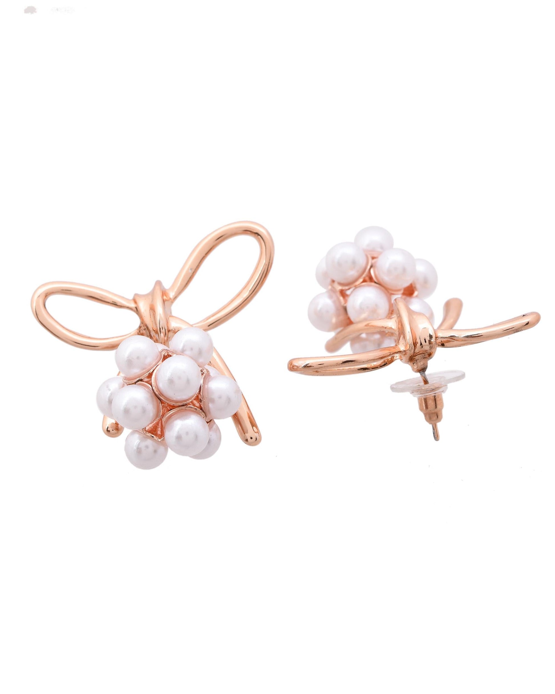 VOJ Rose Gold-Polished Pearl With Bow Shaped Designer Earrings - Swadesiicart