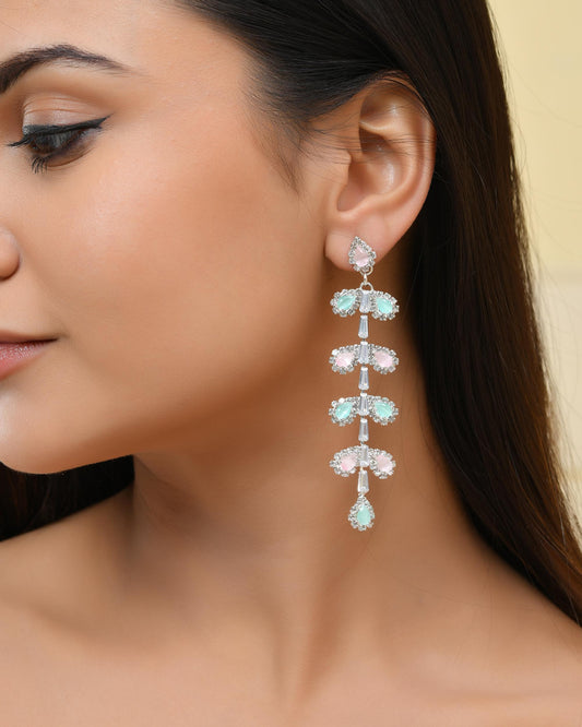 VOJ Silver-Toned Mind Green And Pink Leaf Shaped Drop Earrings - Swadesiicart