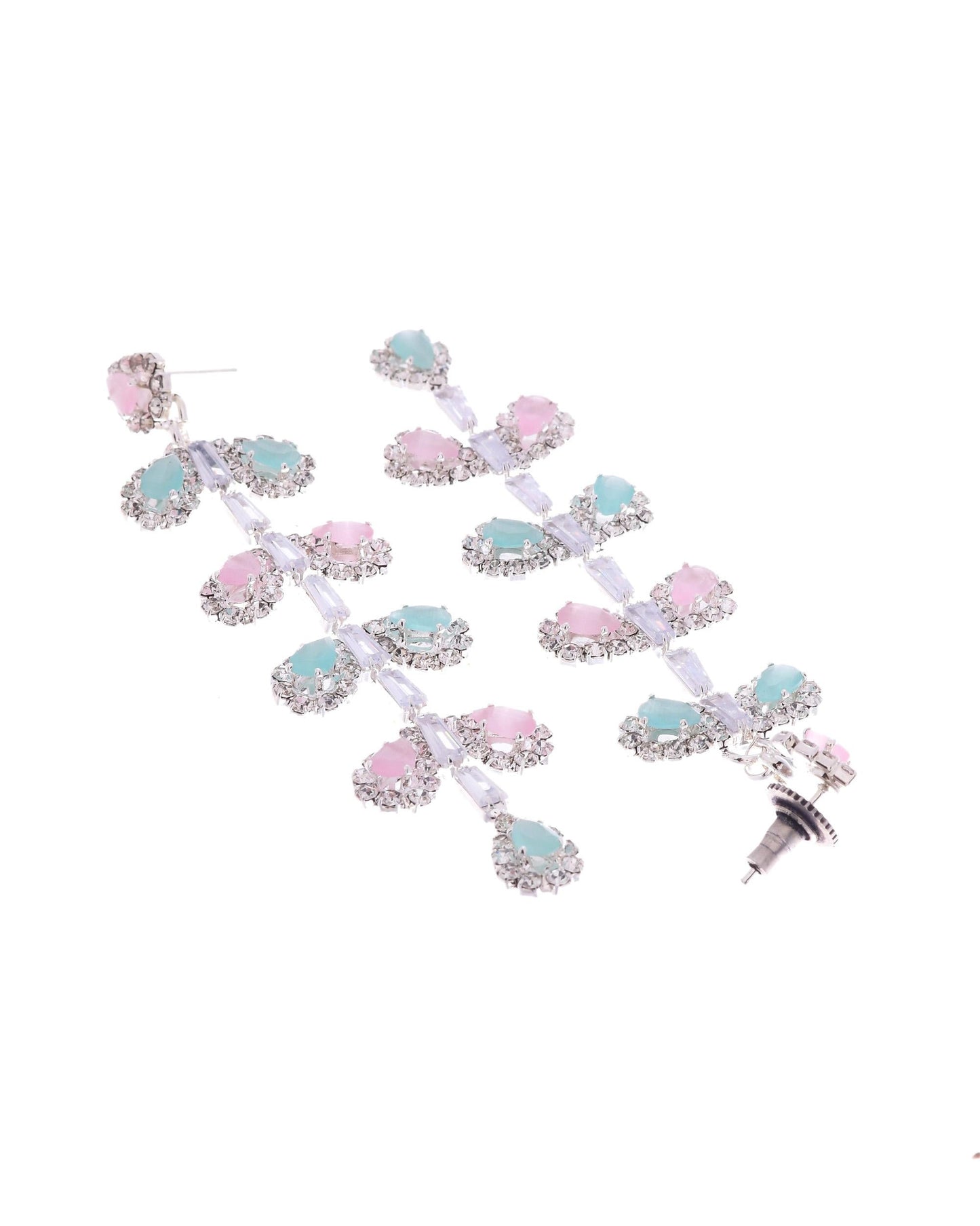 VOJ Silver-Toned Mind Green And Pink Leaf Shaped Drop Earrings - Swadesiicart