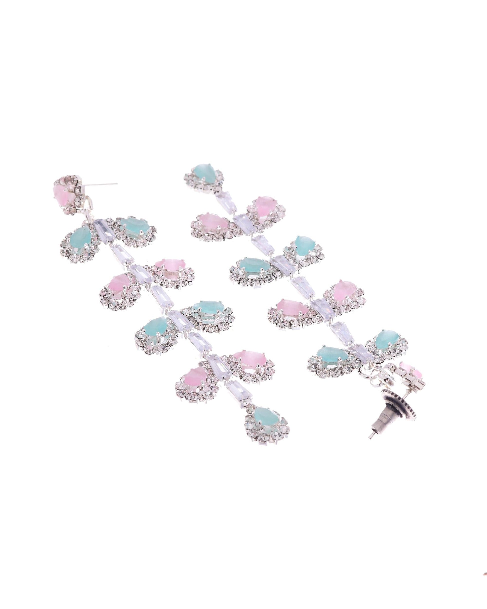 VOJ Silver-Toned Mind Green And Pink Leaf Shaped Drop Earrings - Swadesiicart