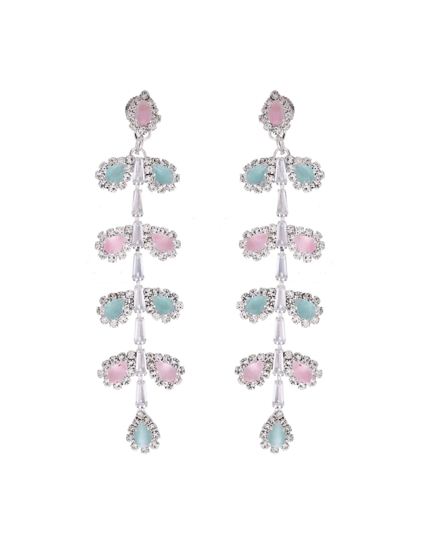 VOJ Silver-Toned Mind Green And Pink Leaf Shaped Drop Earrings - Swadesiicart