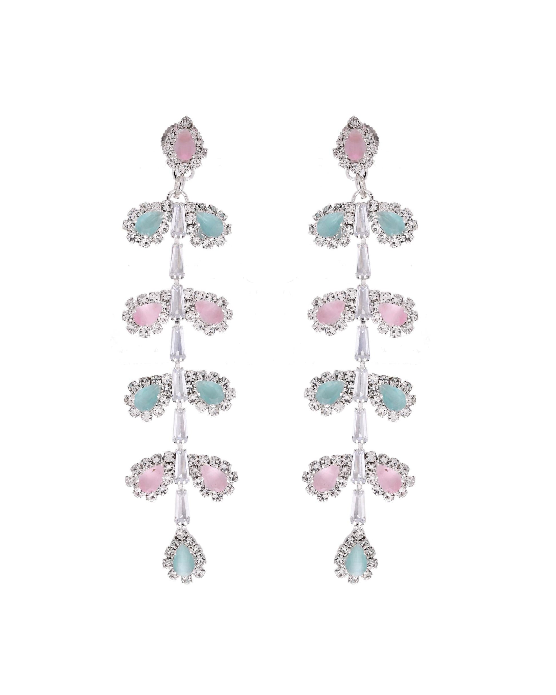 VOJ Silver-Toned Mind Green And Pink Leaf Shaped Drop Earrings - Swadesiicart