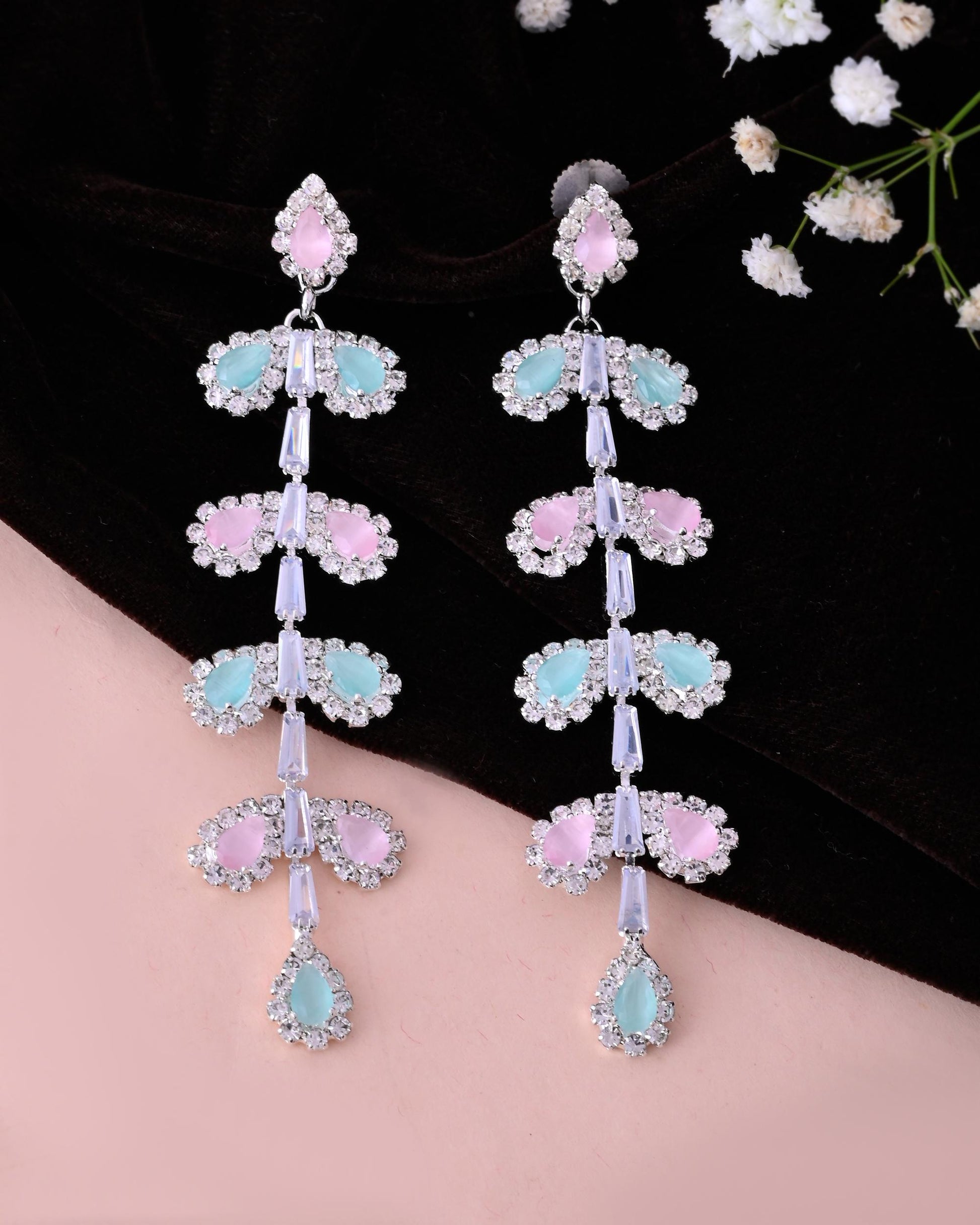 VOJ Silver-Toned Mind Green And Pink Leaf Shaped Drop Earrings - Swadesiicart
