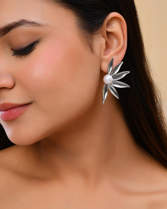 VOJ Silver Plated Stainless Steel Pearl Flower Shaped Studs - Swadesiicart